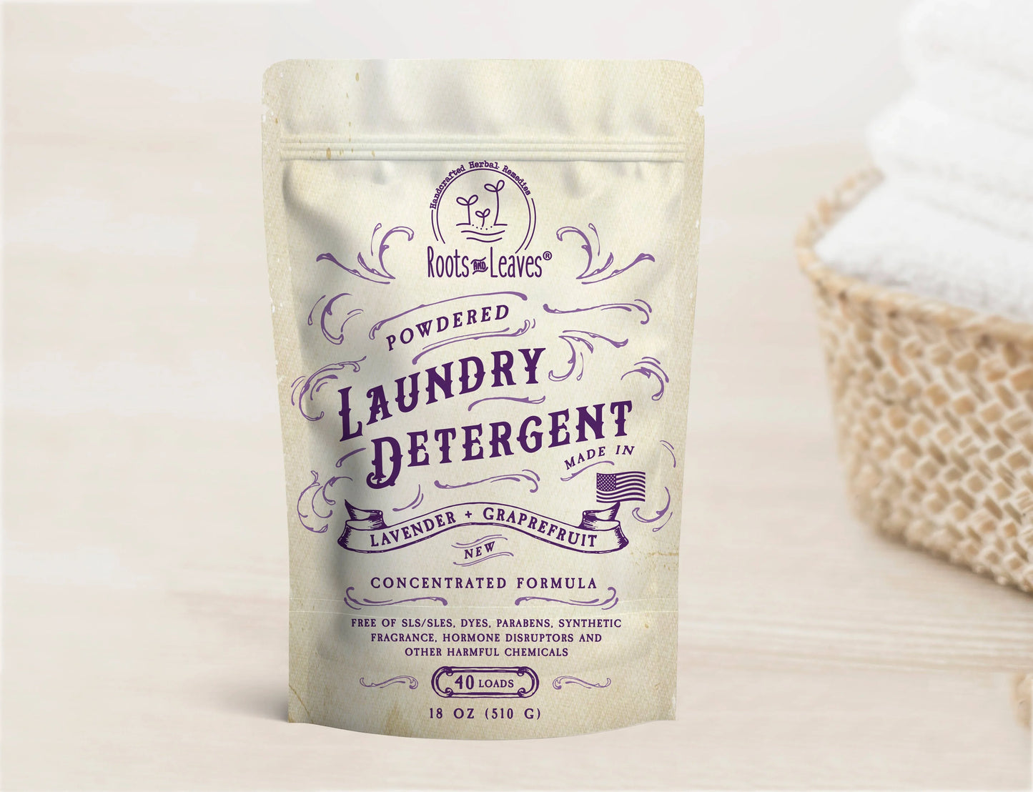 Roots and Leaves powdered laundry detergent with lavender grapefruit scent, eco-friendly formula. Come see us at Awaken, Franklin, Tennessee