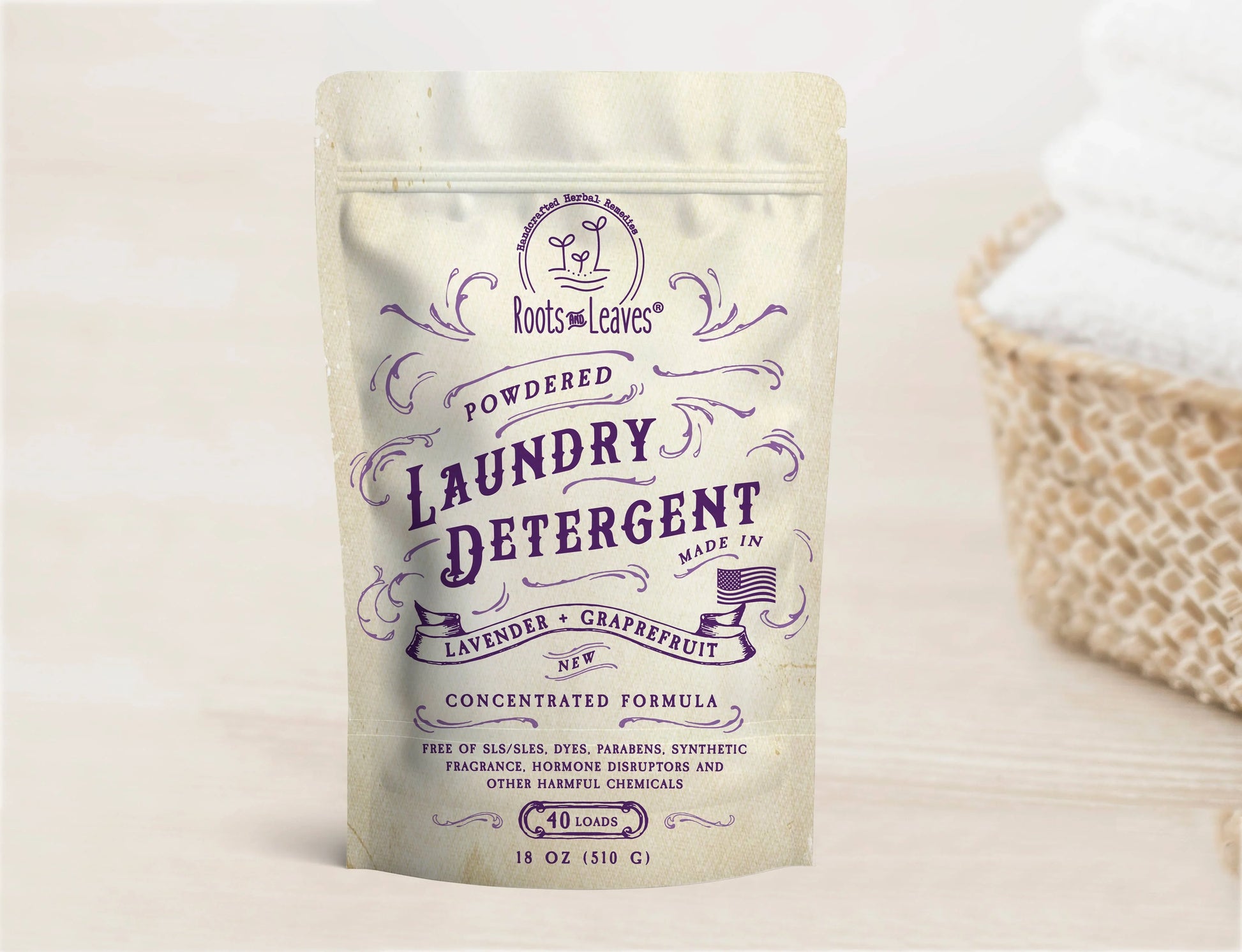 Roots and Leaves powdered laundry detergent with lavender grapefruit scent, eco-friendly formula. Come see us at Awaken, Franklin, Tennessee