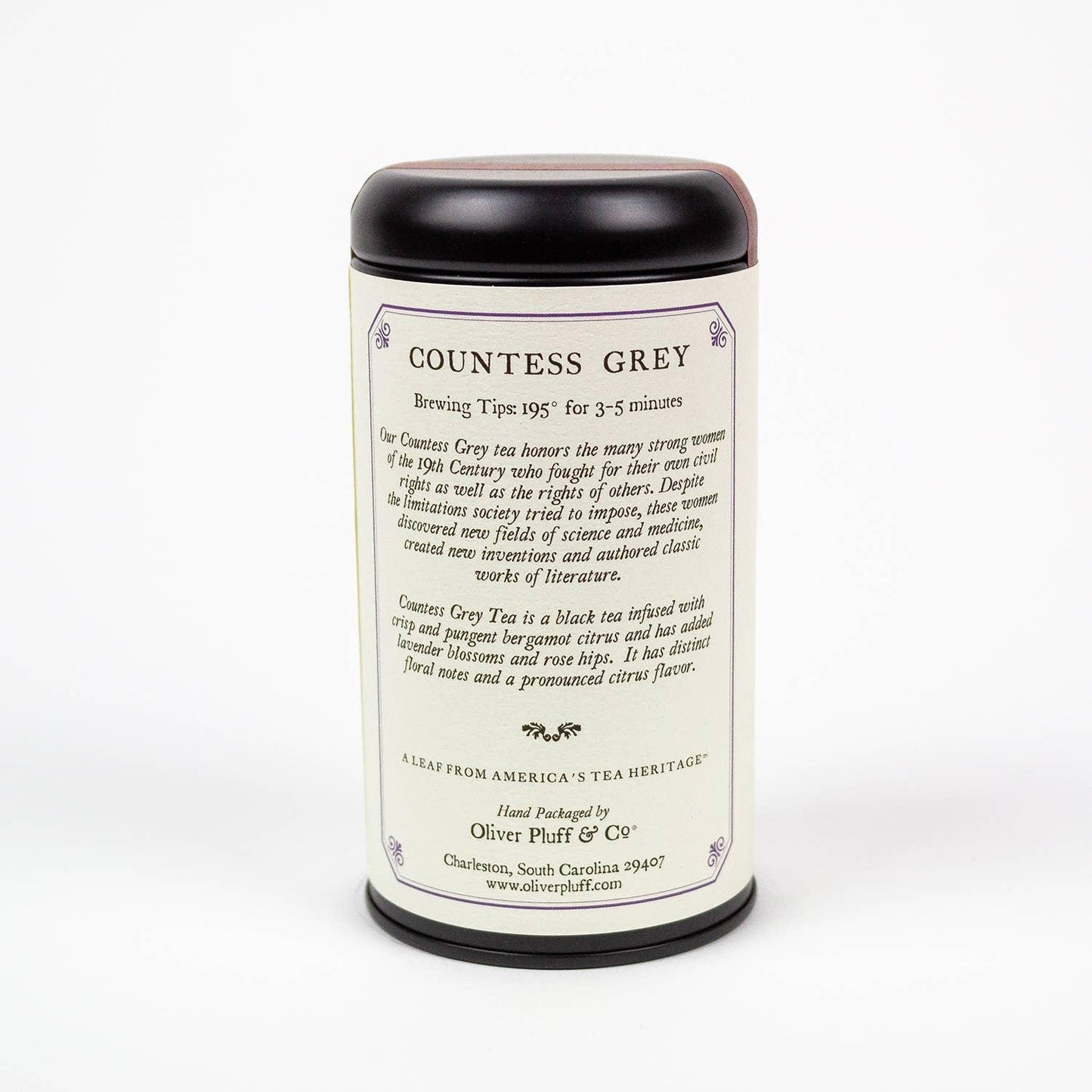 Countess Grey black tea tin with brewing tips and floral notes, hand-packaged by Oliver Pluff. Come see us at Awaken, Franklin, Tennessee