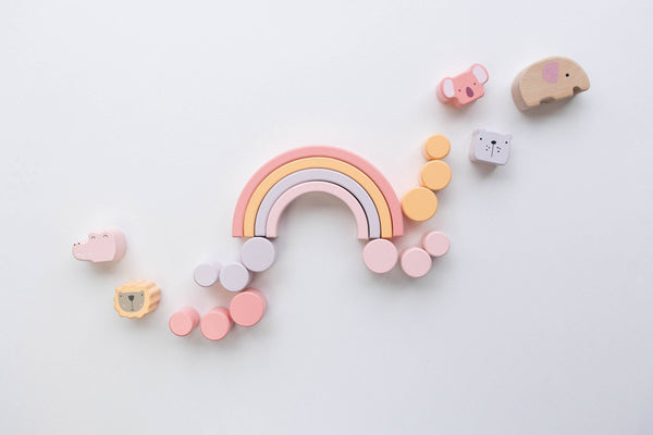 Spirit 'N Sprout - Pink Animal Stacking Set - 21 Pieces included with Storage Bag - Wooden Rainbow Stacker Gift for Girls