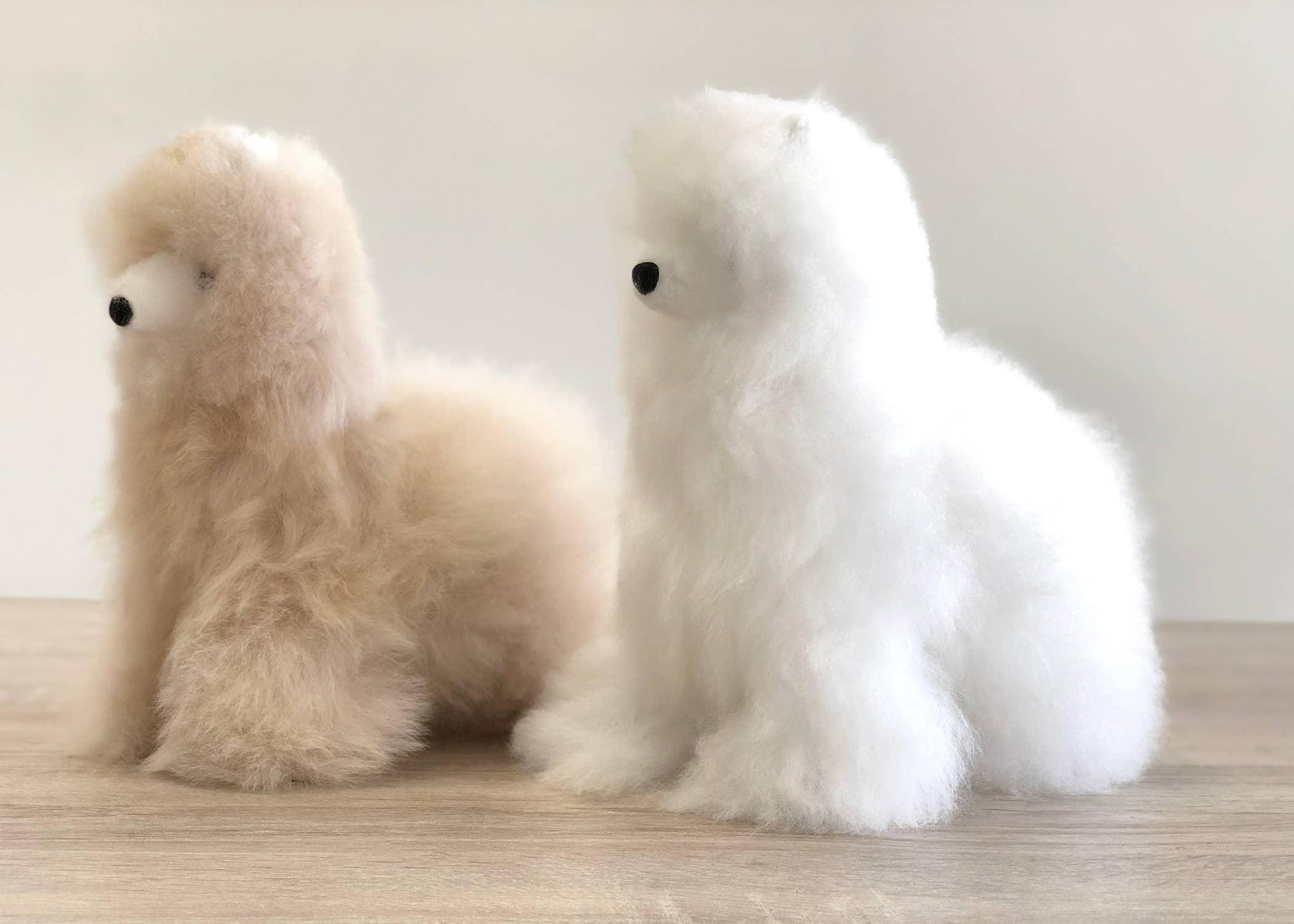 Two fluffy plush alpaca toys, one beige and one white, on a wooden surface. Come see us at Awaken, Franklin, Tennessee