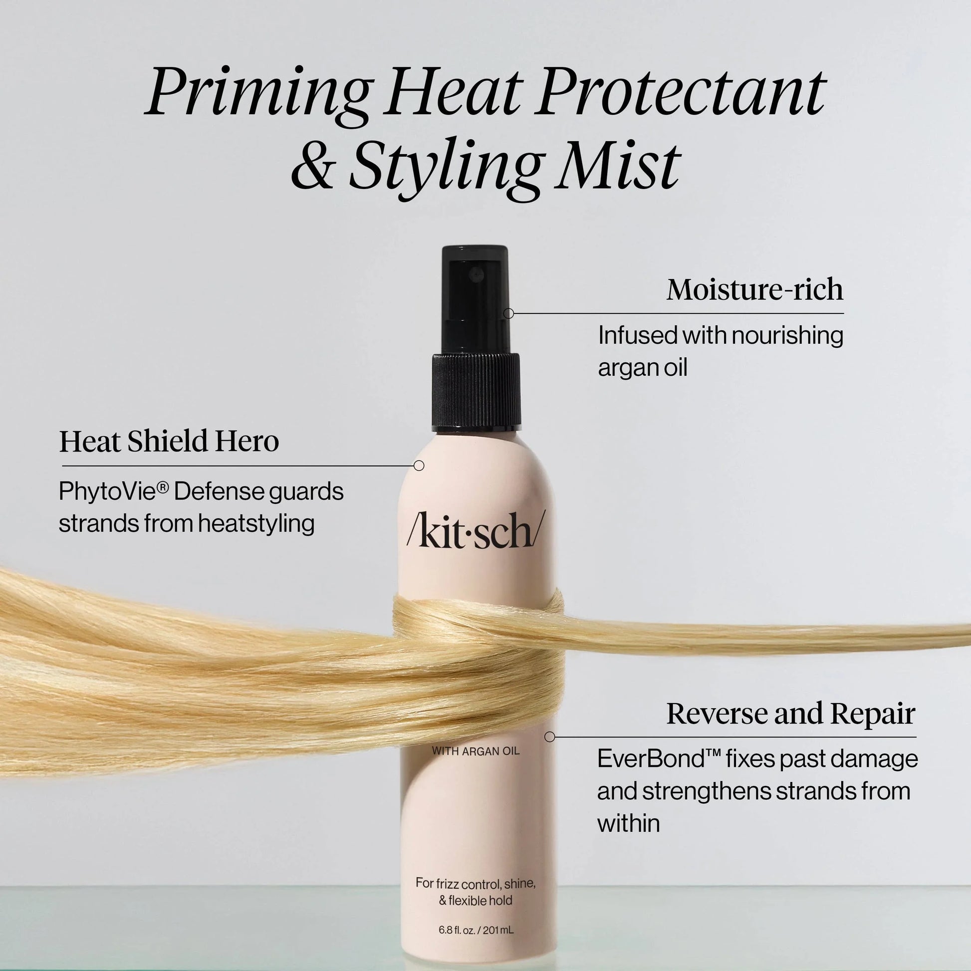 Kitsch Priming Heat Protectant Styling Mist bottle wrapped with blonde hair strand, argan oil infused. Come see us at Awaken, Franklin, Tennessee