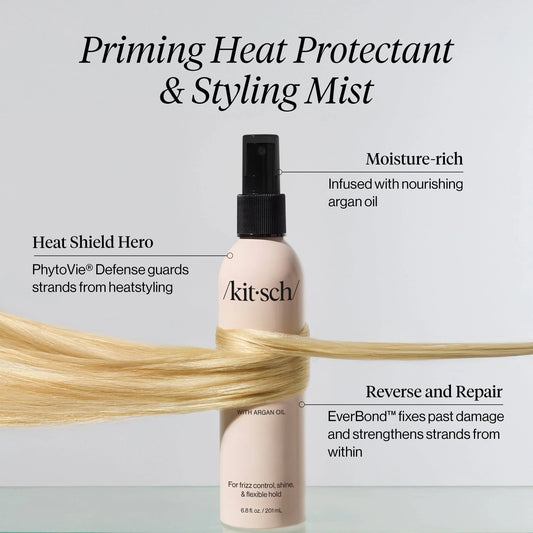 Kitsch Priming Heat Protectant Styling Mist bottle wrapped with blonde hair strand, argan oil infused. Come see us at Awaken, Franklin, Tennessee