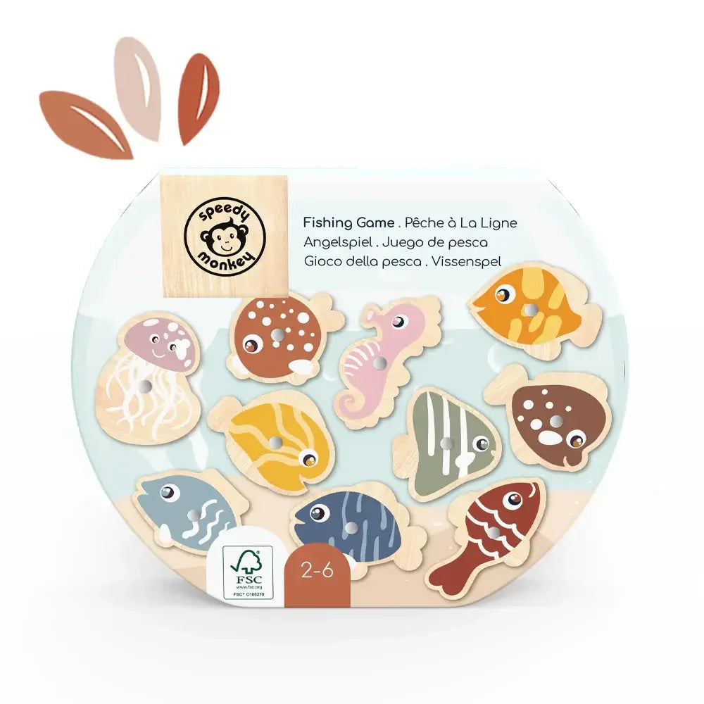 Speedy Monkey wooden fishing game with colorful fish and sea creatures for kids ages 2-6. Come see us at Awaken, Franklin, Tennessee