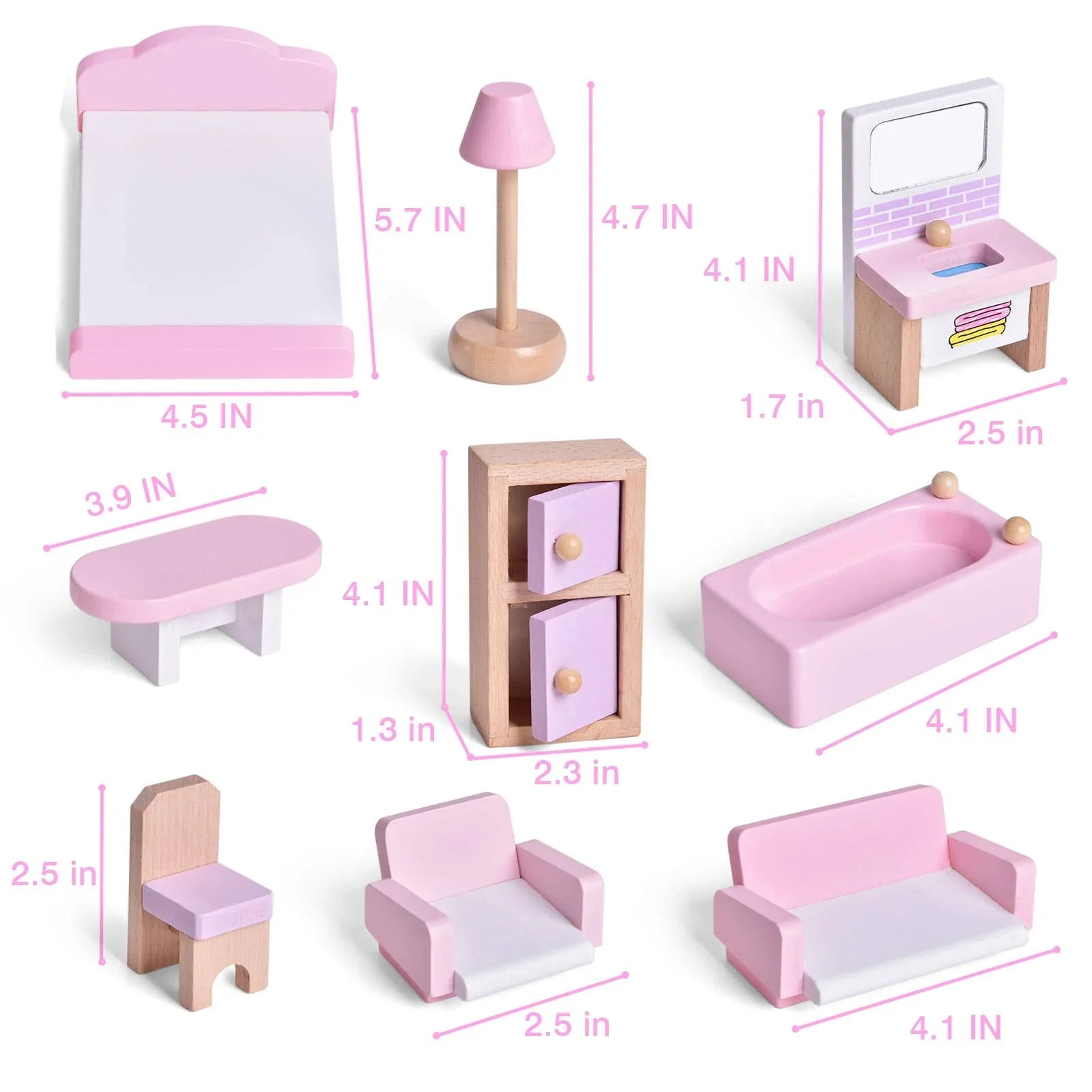 Pink and white dollhouse furniture set with size labels, Come see us at Awaken, Franklin, Tennessee