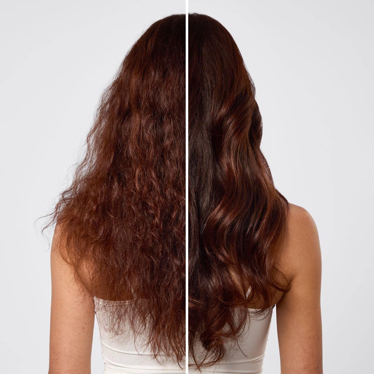 Back view of woman with curly frizzy hair on left and smooth glossy wavy hair on right, white top. Come see us at Awaken, Franklin, Tennessee