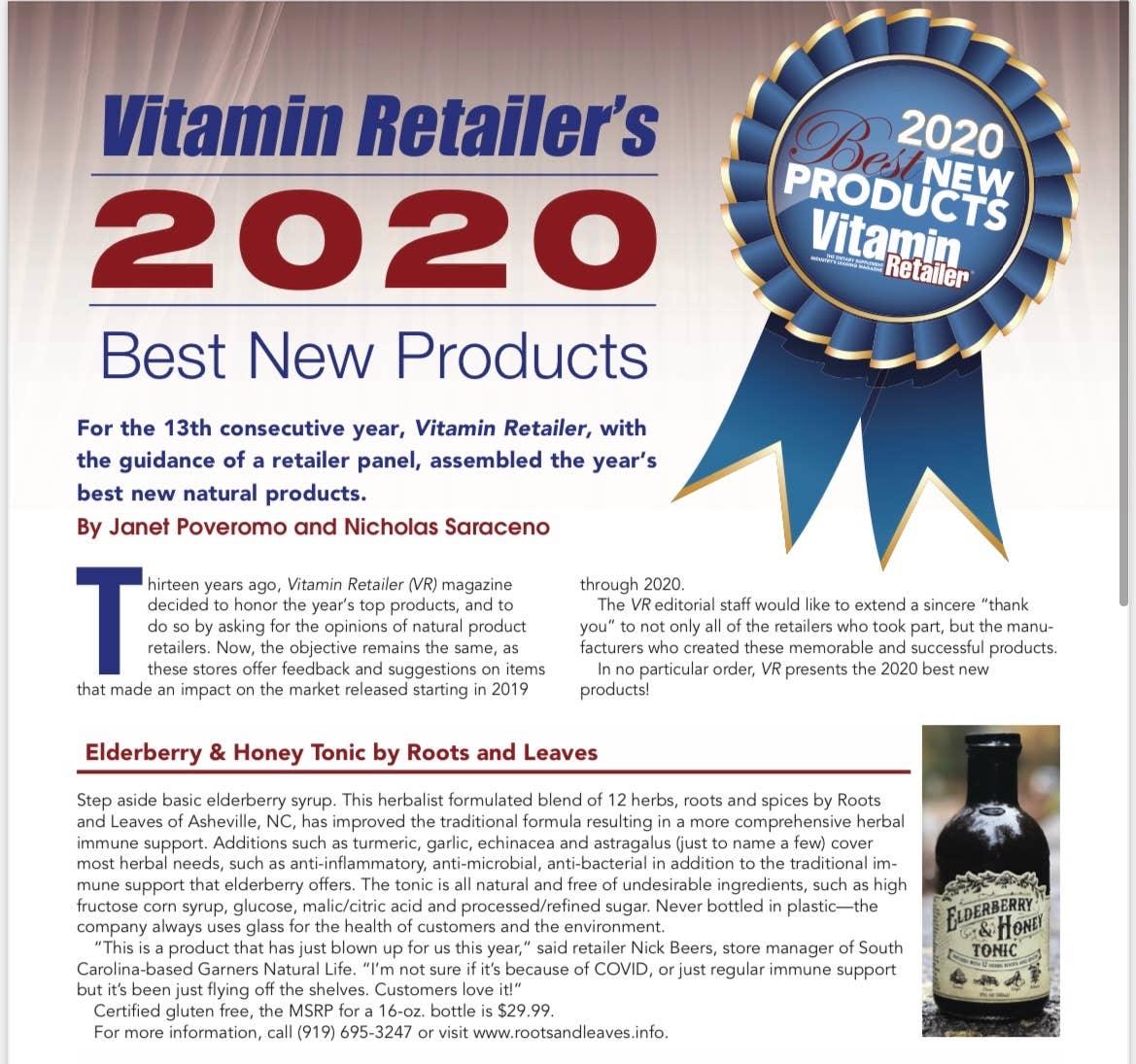 Vitamin Retailer's 2020 Best New Products award badge and article with elderberry honey tonic bottle, Come see us at Awaken, Franklin, Tennessee