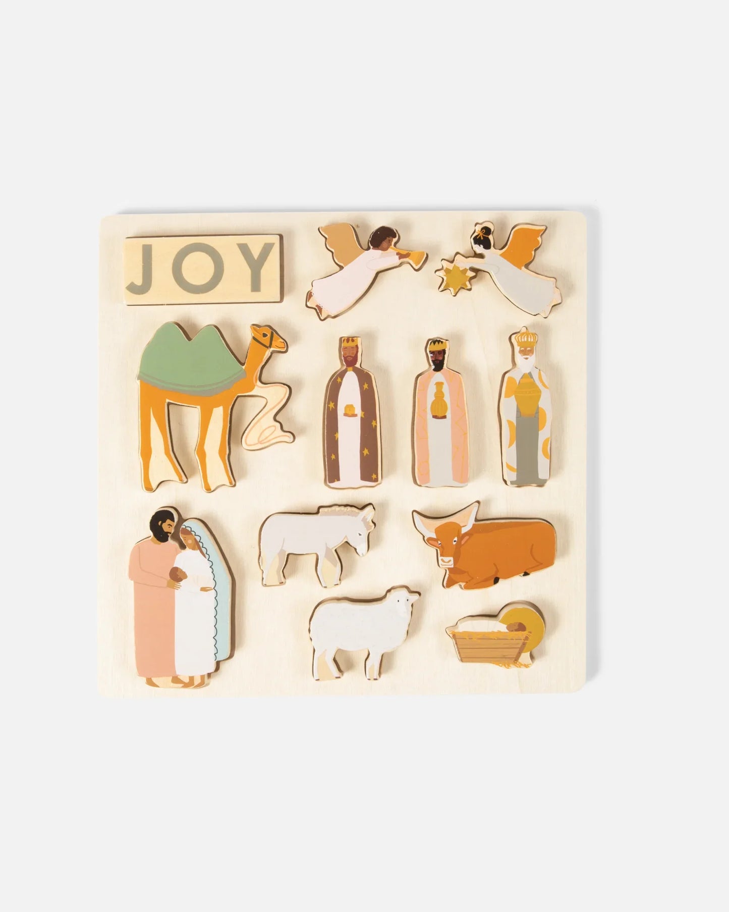 Wooden nativity puzzle with angels, wise men, animals, and 'JOY' block. Come see us at Awaken, Franklin, Tennessee.