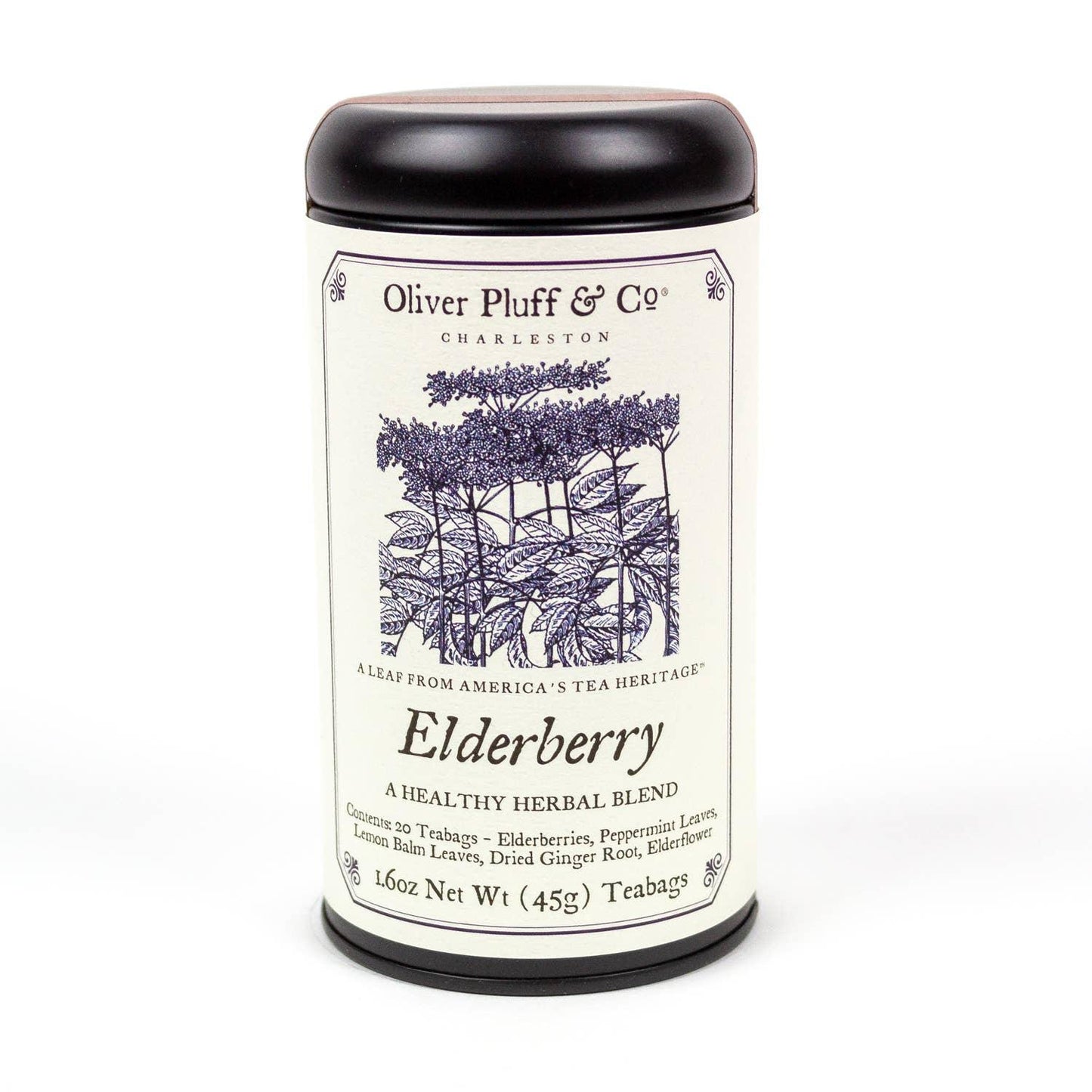 Oliver Pluff & Co Elderberry herbal tea tin with black lid and botanical illustration, Come see us at Awaken, Franklin, Tennessee