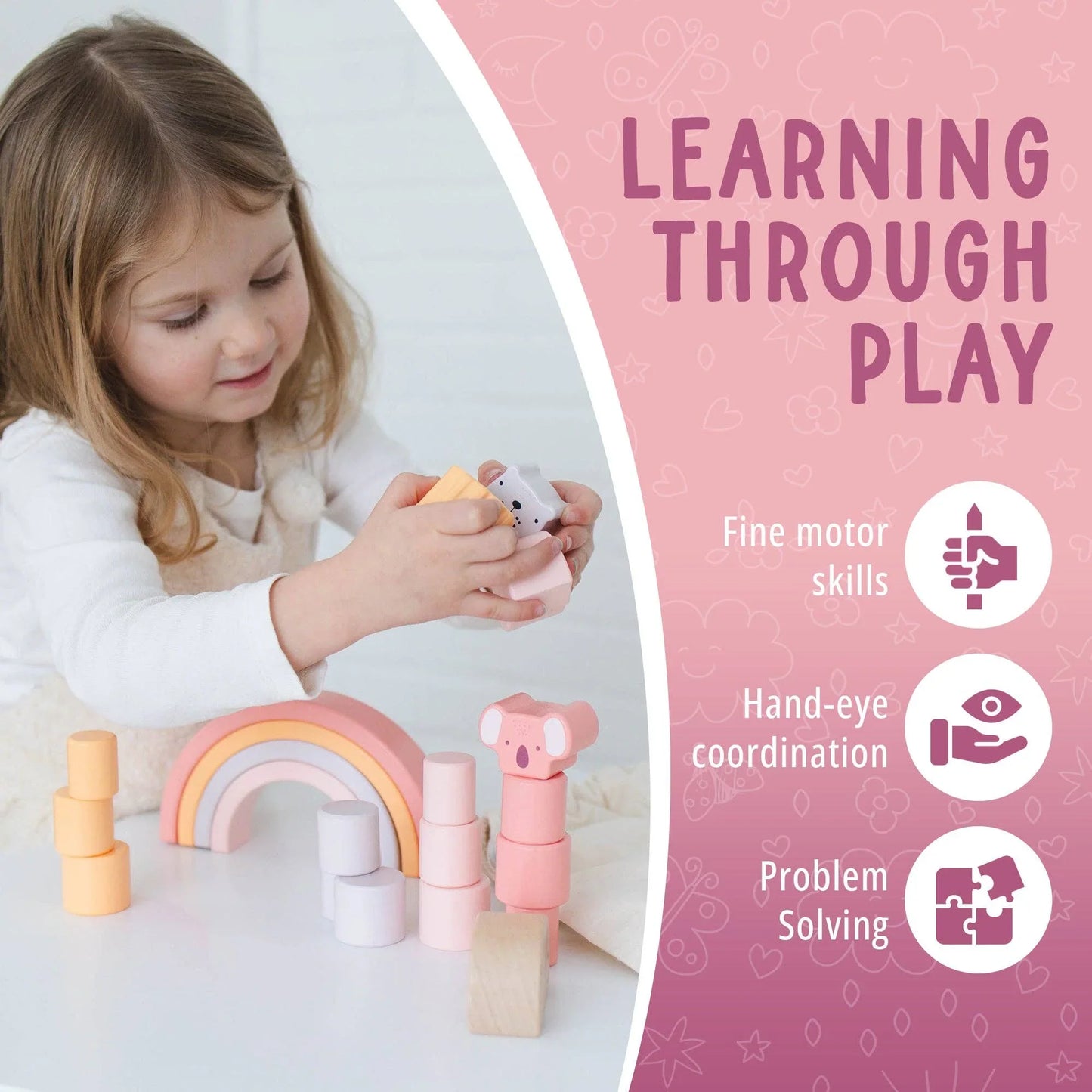 Child playing with pastel wooden blocks and rainbow toy, learning through play benefits. Come see us at Awaken, Franklin, Tennessee