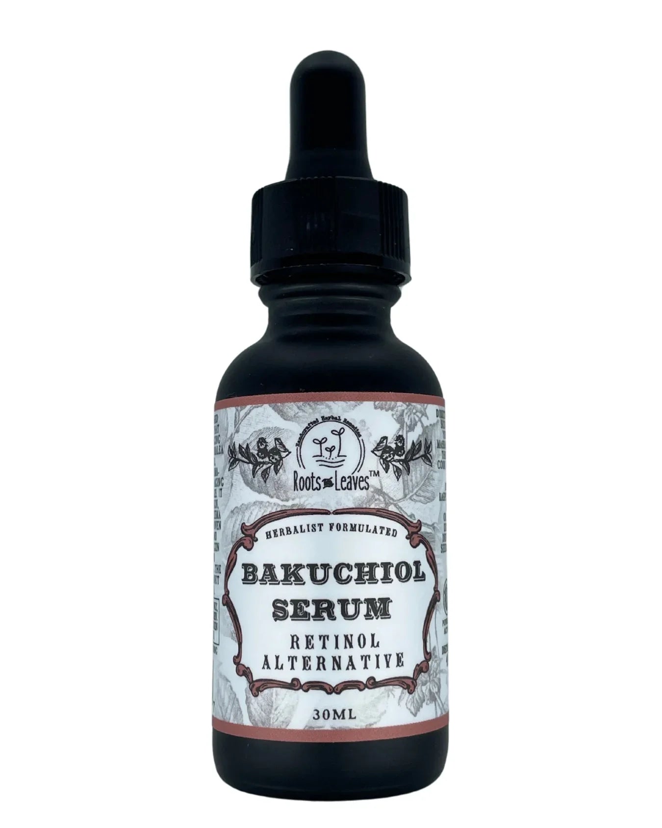 Roots & Leaves Bakuchiol Serum bottle, herbal retinol alternative, 30ml, natural skincare. Come see us at Awaken, Franklin, Tennessee