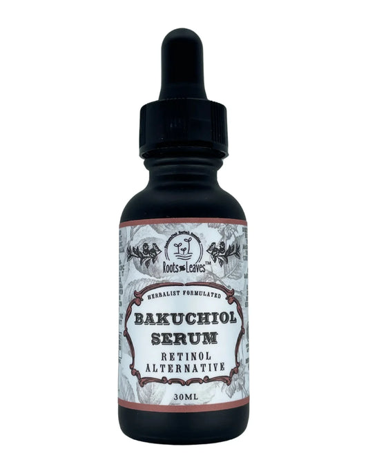 Roots & Leaves Bakuchiol Serum bottle, herbal retinol alternative, 30ml, natural skincare. Come see us at Awaken, Franklin, Tennessee