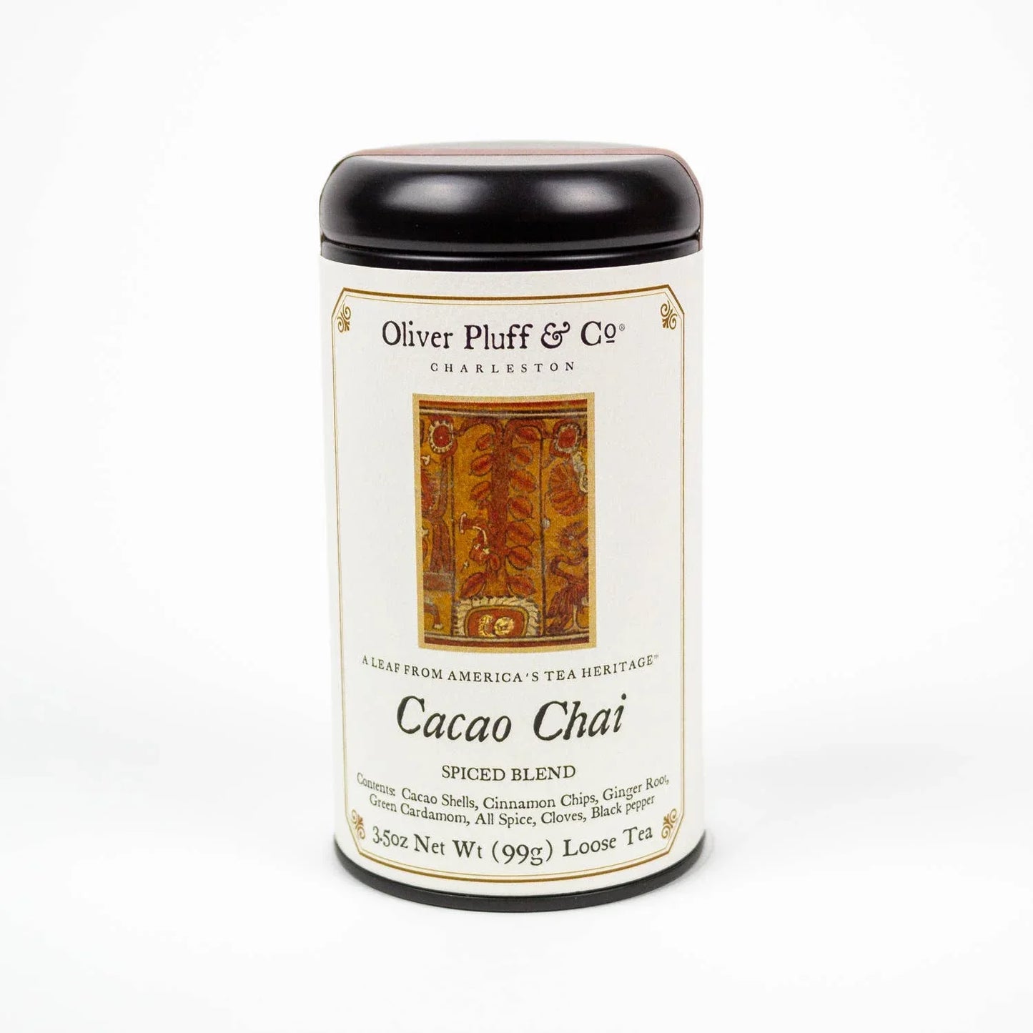 Oliver Pluff & Co Cacao Chai spiced loose tea in a white canister with black lid. Come see us at Awaken, Franklin, Tennessee