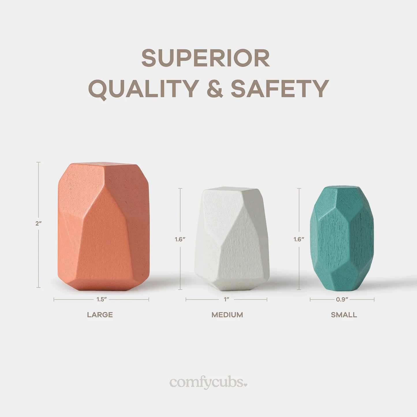 Three geometric comfy cubs in large terracotta, medium white, and small teal sizes with measurements. Come see us at Awaken, Franklin, Tennessee