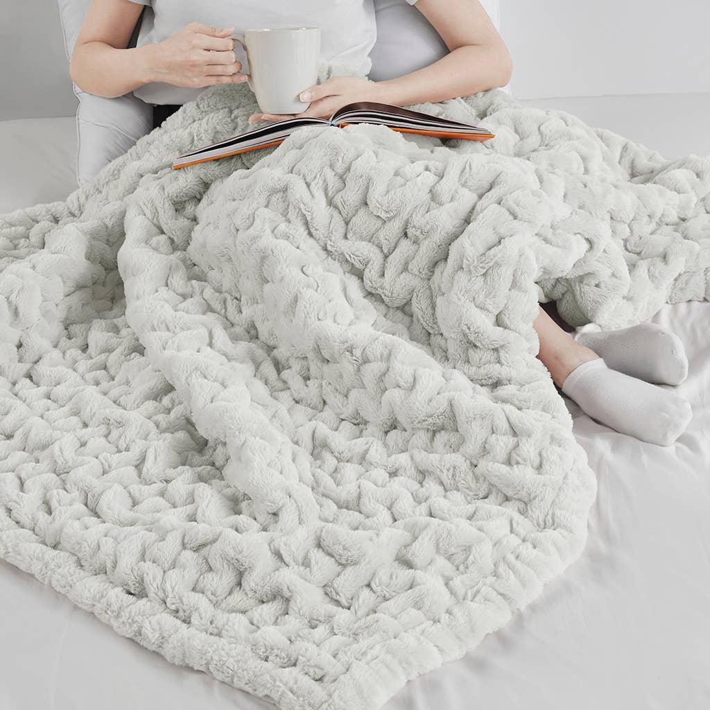 Olliix - Soft Warm Ruched Faux Fur Throw Blanket 50x60", Silver Grey
