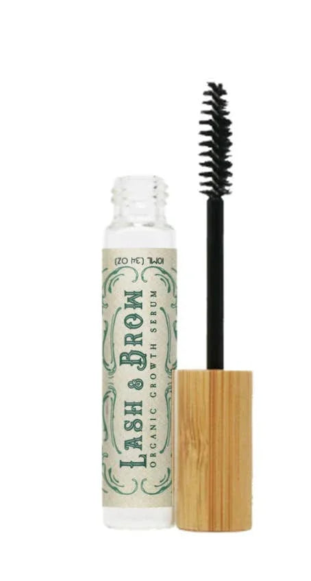 Lash & Brow organic growth serum with wooden cap and black spoolie brush, Come see us at Awaken, Franklin, Tennessee