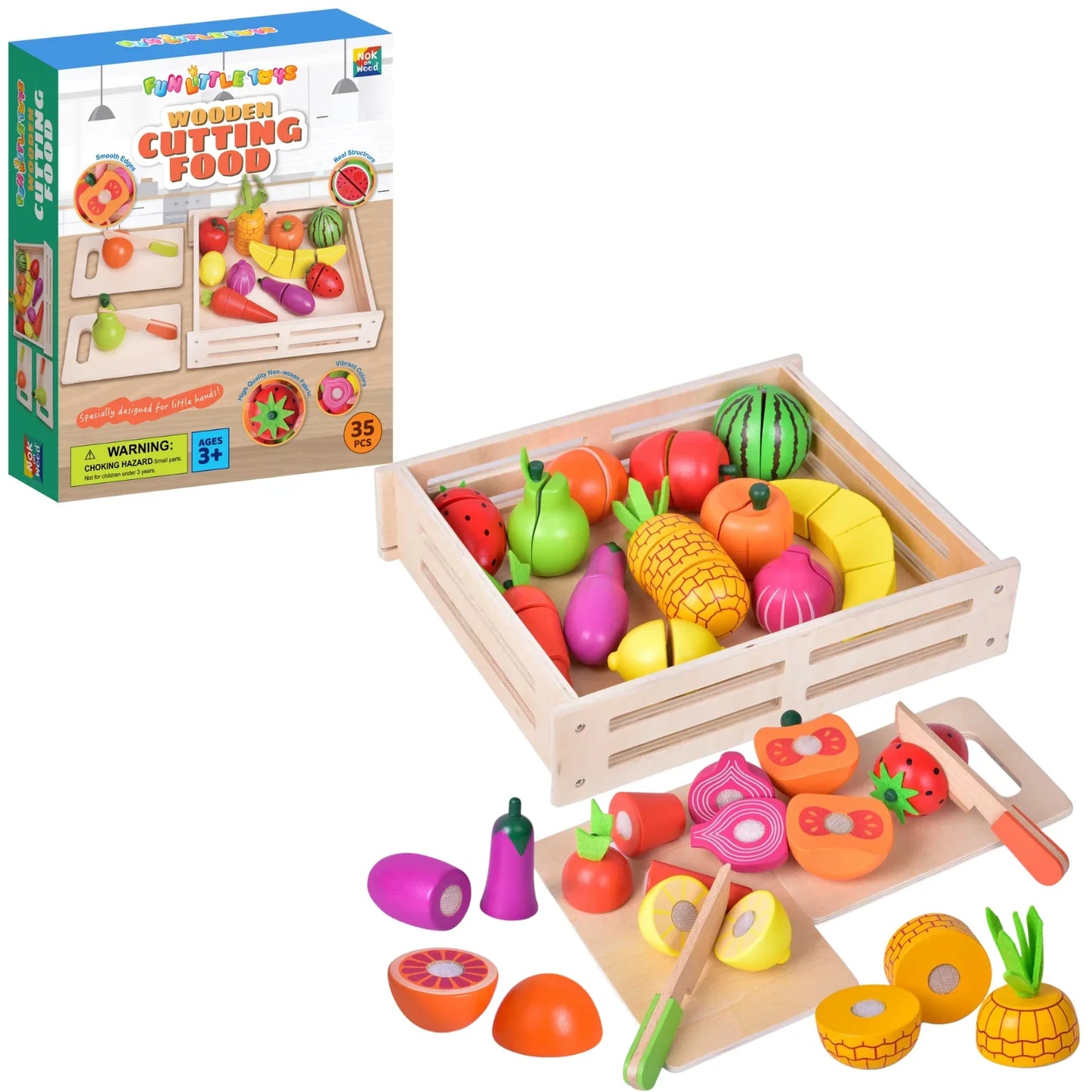 Wooden cutting food toy set with colorful play fruits, crate, and box, Come see us at Awaken, Franklin, Tennessee