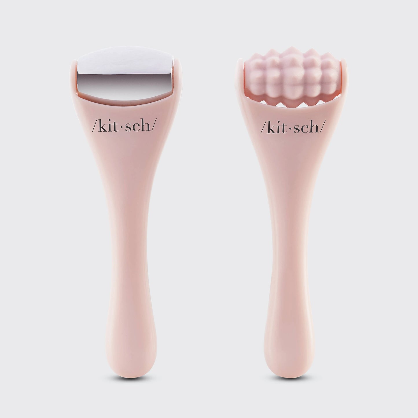 Pink facial roller and textured massage roller tools with /kit·sch/ logo, on white background. Come see us at Awaken, Franklin, Tennessee