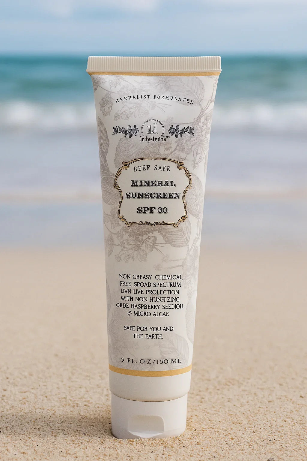 Tube of herbalist formulated beef safe mineral sunscreen SPF 30 on beach sand with ocean background. Come see us at Awaken, Franklin, Tennessee