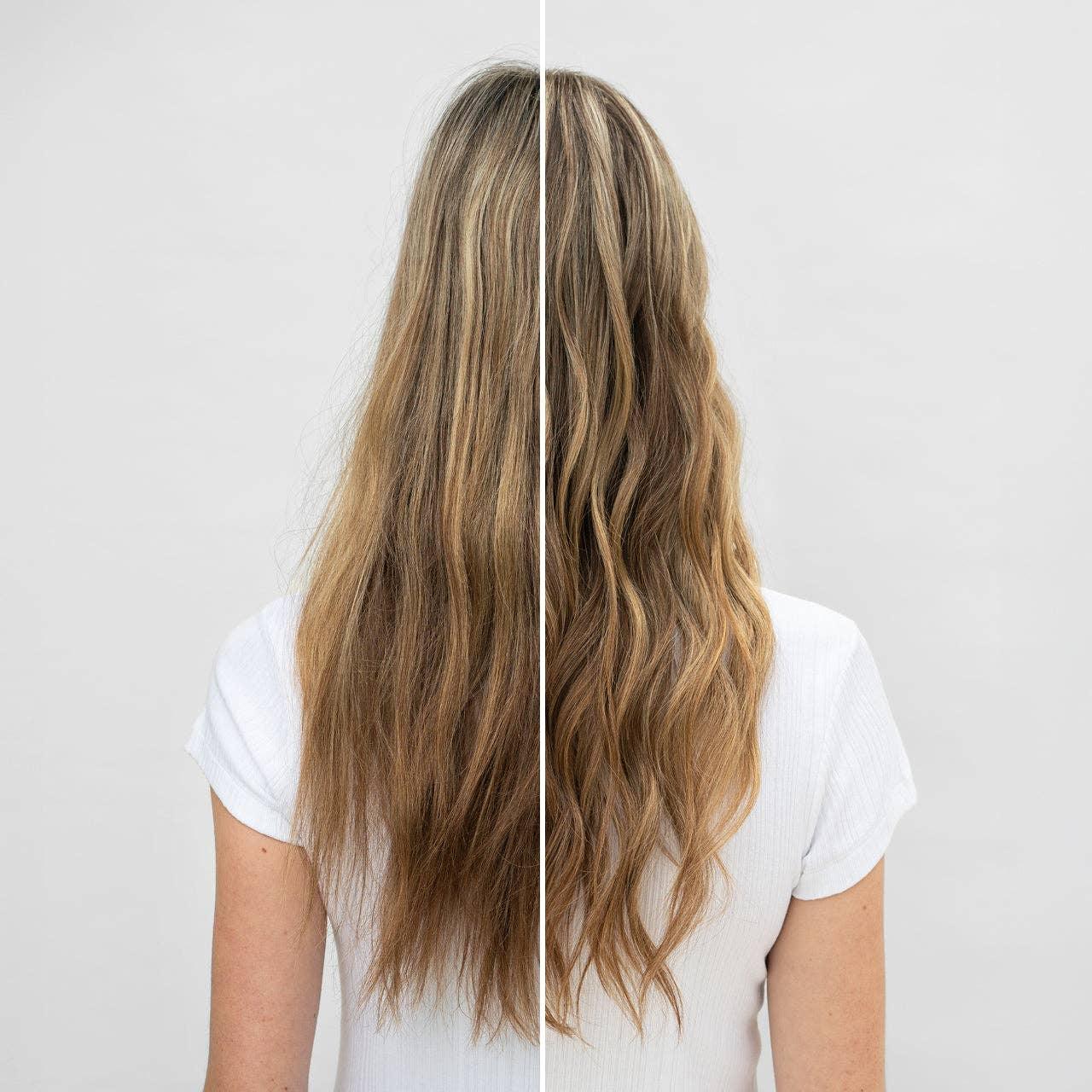 Back view of woman with straight hair on left and styled wavy hair on right, white top, come see us at Awaken, Franklin, Tennessee