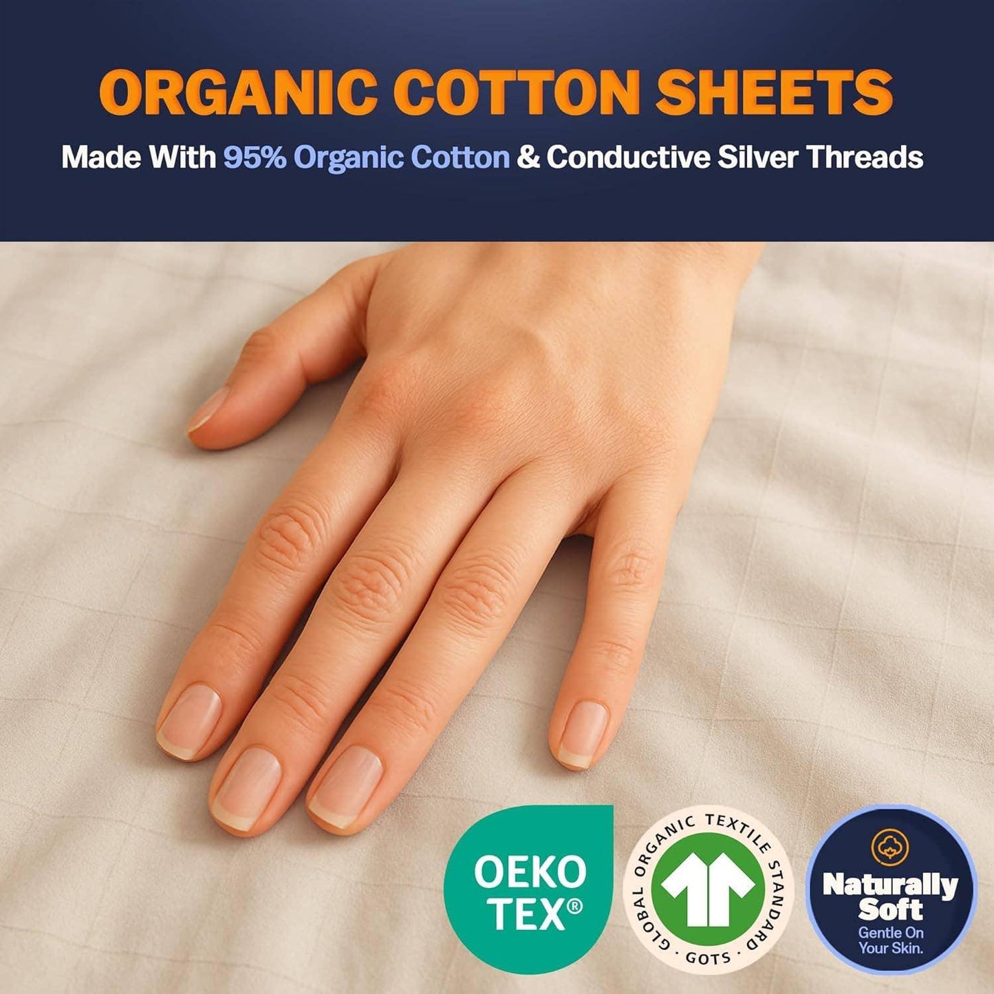 Hand touching organic cotton sheets with OEKO-TEX and GOTS badges, Come see us at Awaken, Franklin, Tennessee.