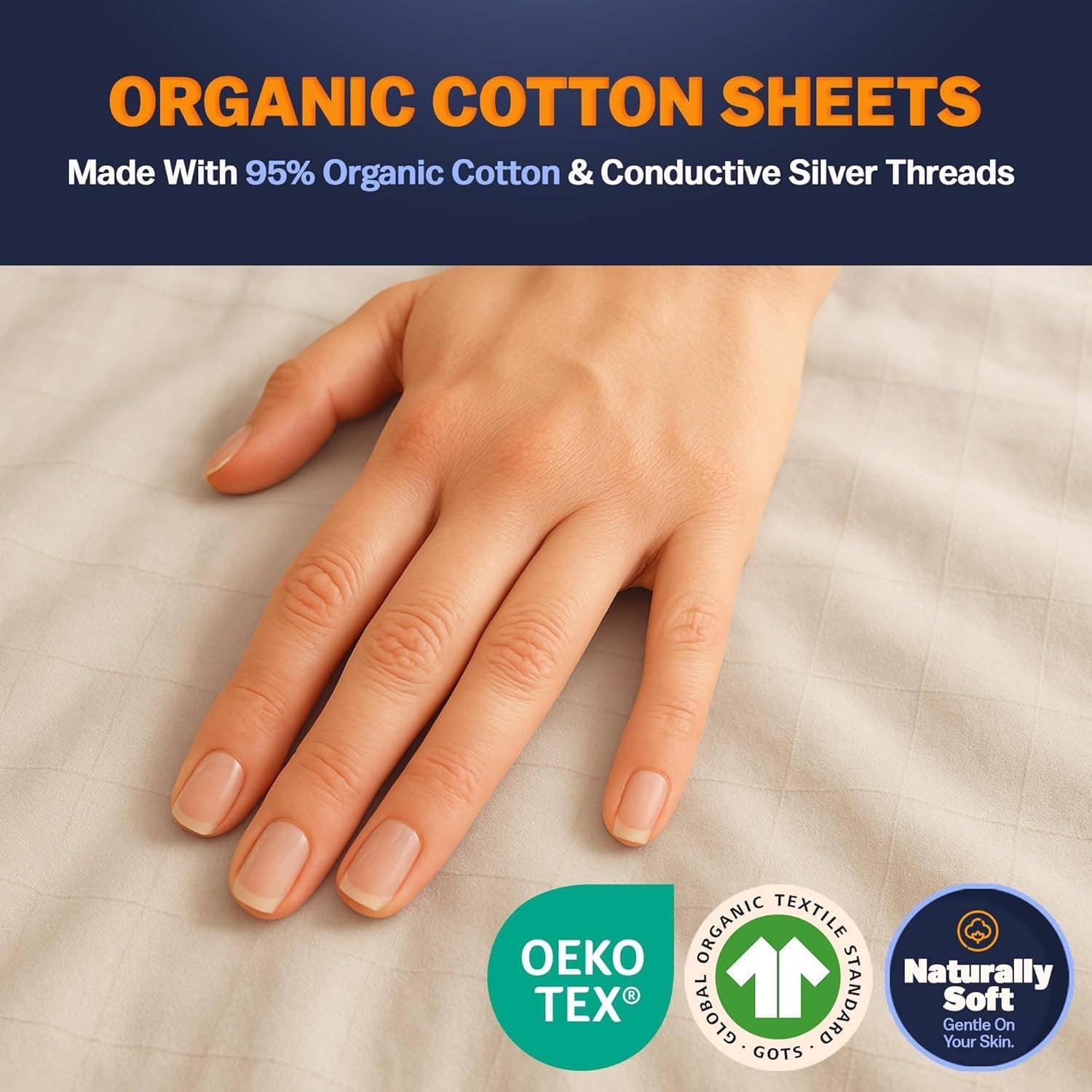 Hand touching organic cotton sheets with OEKO-TEX and GOTS badges, Come see us at Awaken, Franklin, Tennessee.