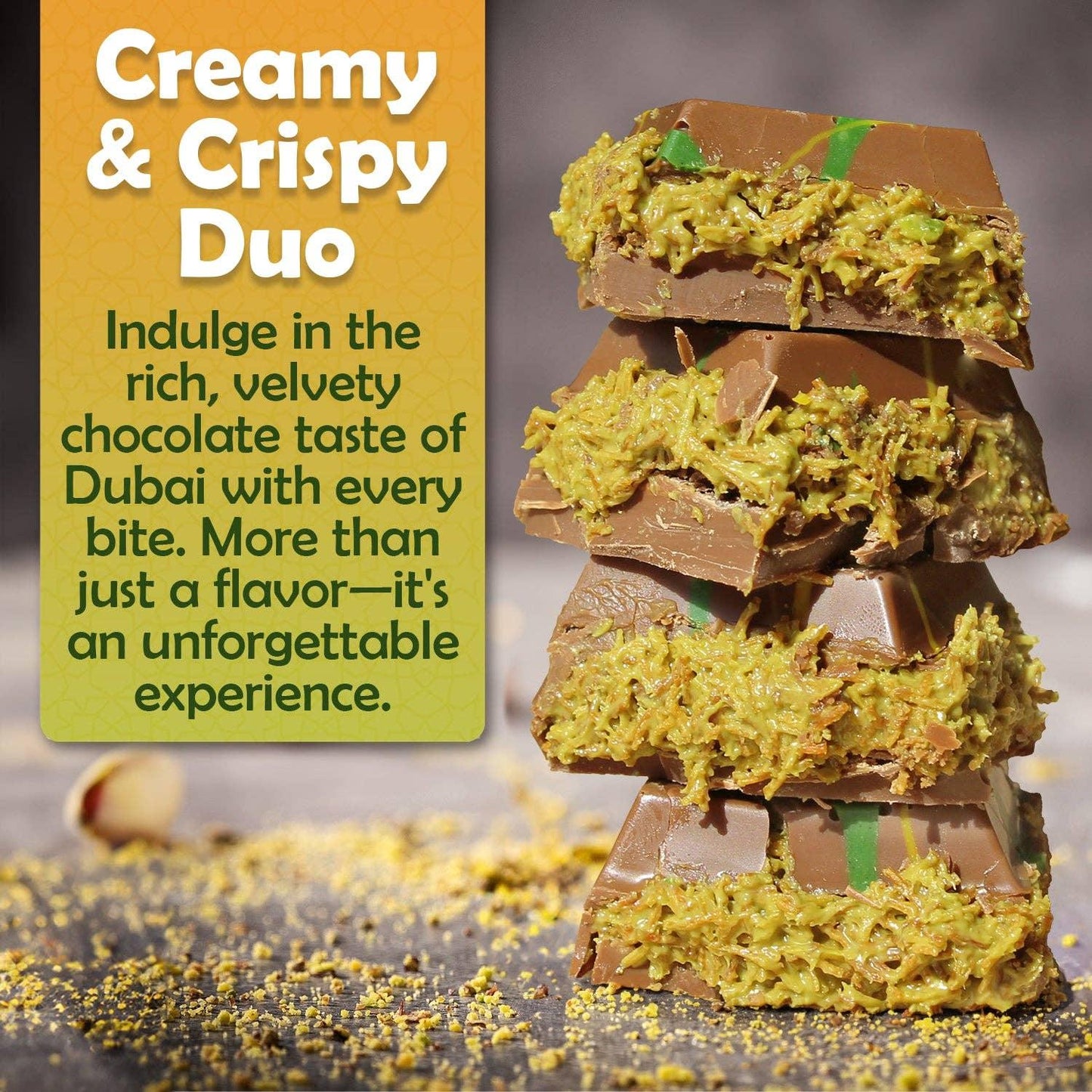 Stacked creamy and crispy chocolate bars with pistachio, text promoting Dubai flavor, Come see us at Awaken, Franklin, Tennessee