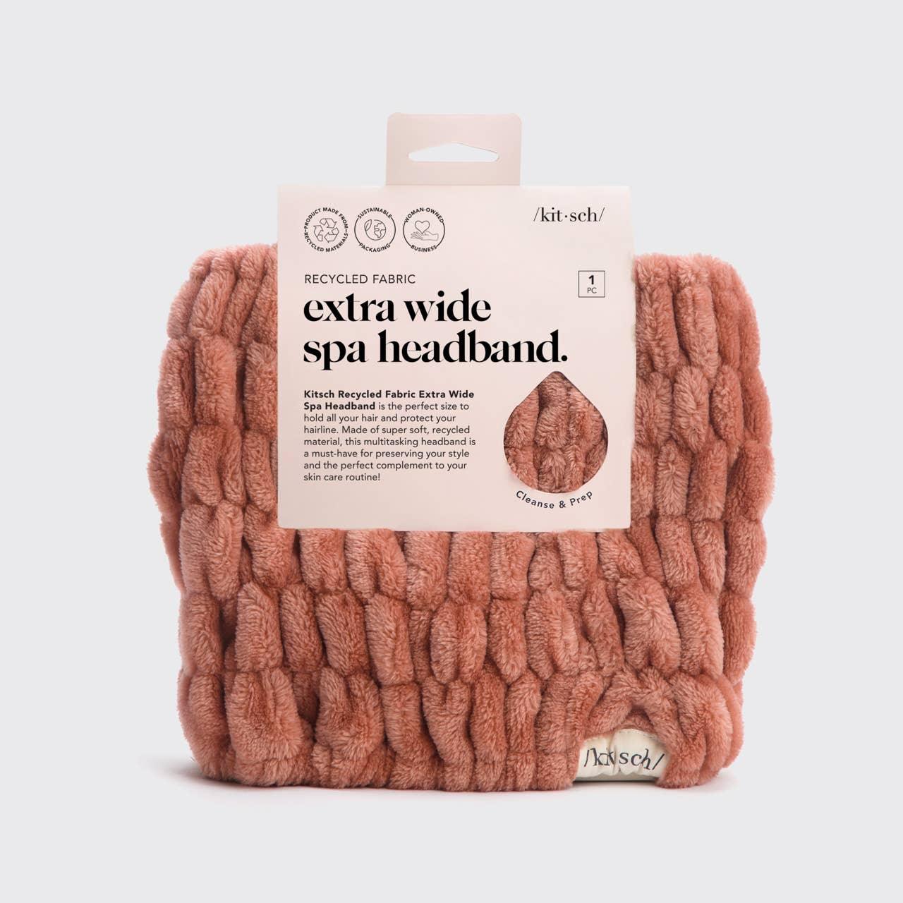 Extra wide recycled fabric spa headband in dusty rose by Kitsch, perfect for skincare routines. Come see us at Awaken, Franklin, Tennessee