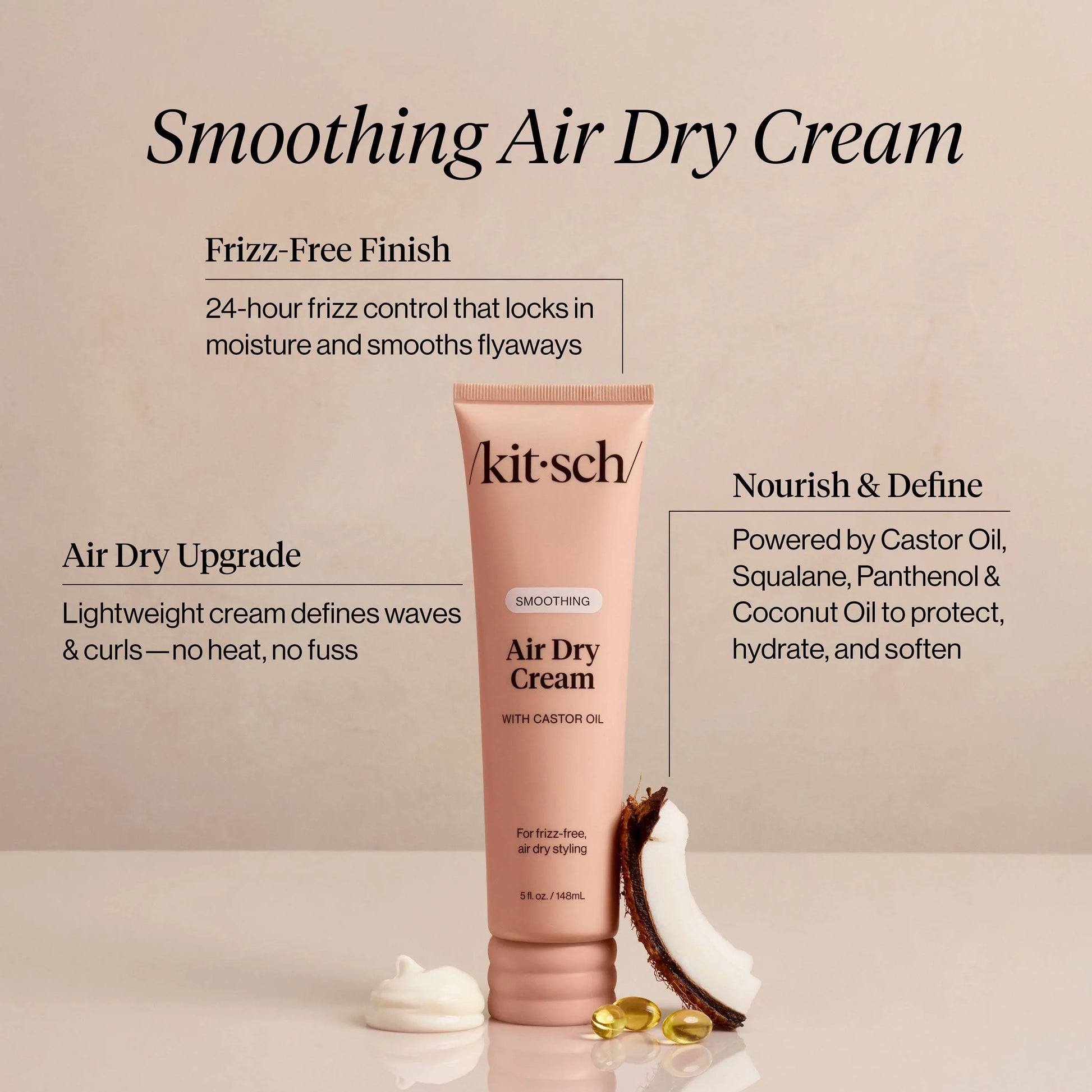 Kitsch Smoothing Air Dry Cream tube with coconut and capsules, frizz-free, nourishes and defines curls. Come see us at Awaken, Franklin, Tennessee