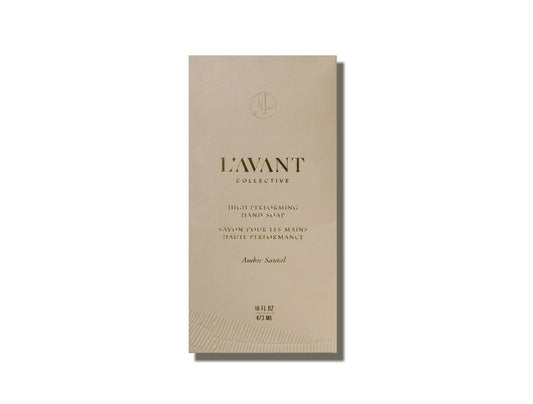 L'AVANT Collective Ambre Santal high performing hand soap packaging, minimalist beige design. Come see us at Awaken, Franklin, Tennessee
