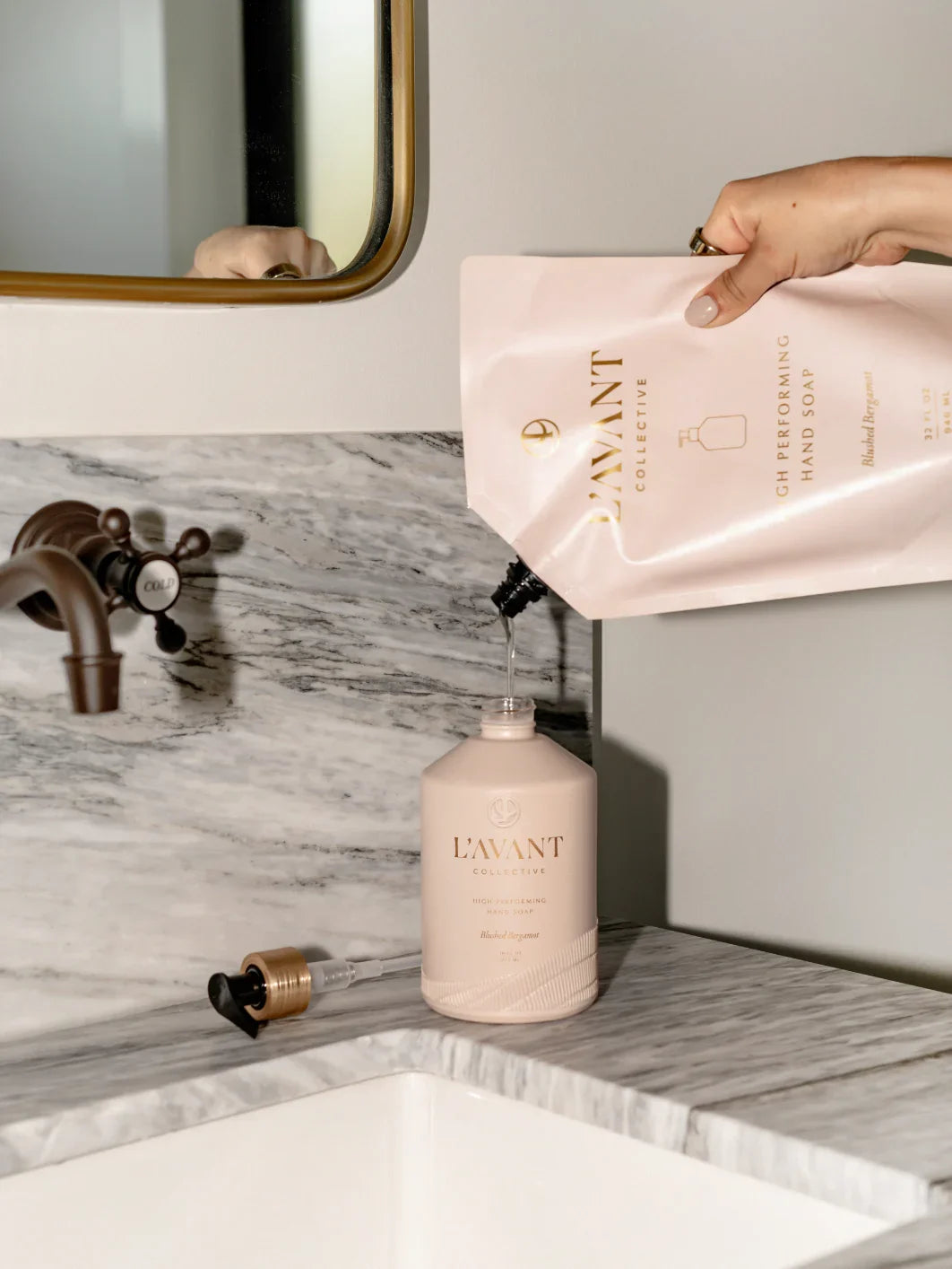 L'AVANT Collective hand soap refill in marble bathroom, Come see us at Awaken, Franklin, Tennessee.