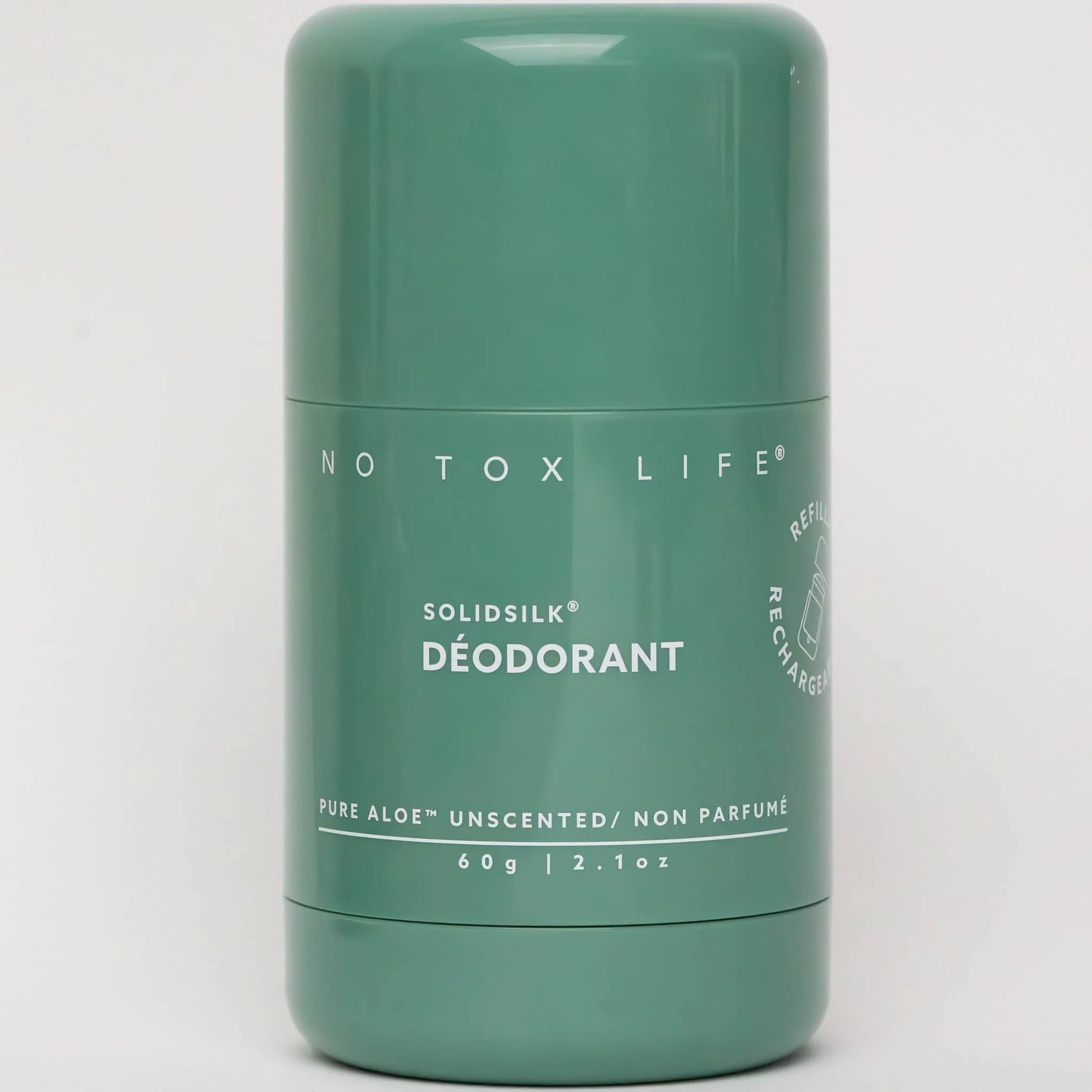 No Tox Life SolidSilk unscented aloe deodorant in teal container, 60g. Come see us at Awaken, Franklin, Tennessee