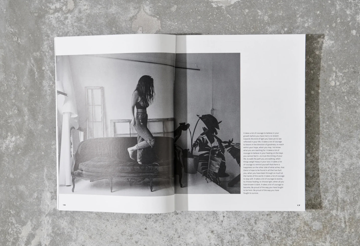 Magazine spread with black and white photo of woman on vintage couch and inspirational text. Come see us at Awaken, Franklin, Tennessee.