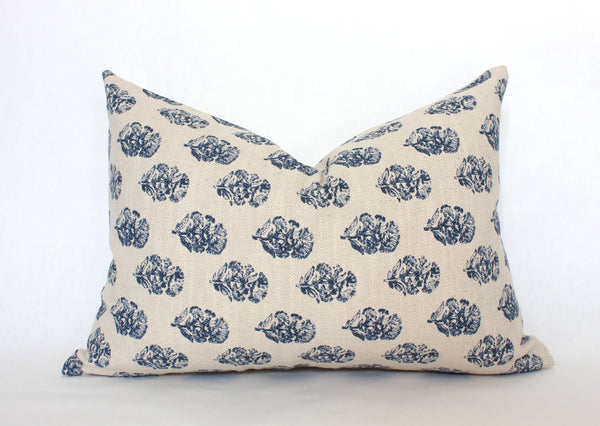 Textileish - Navy Blue Floral Pillow, Cream Blue Throw Pillow | Owen