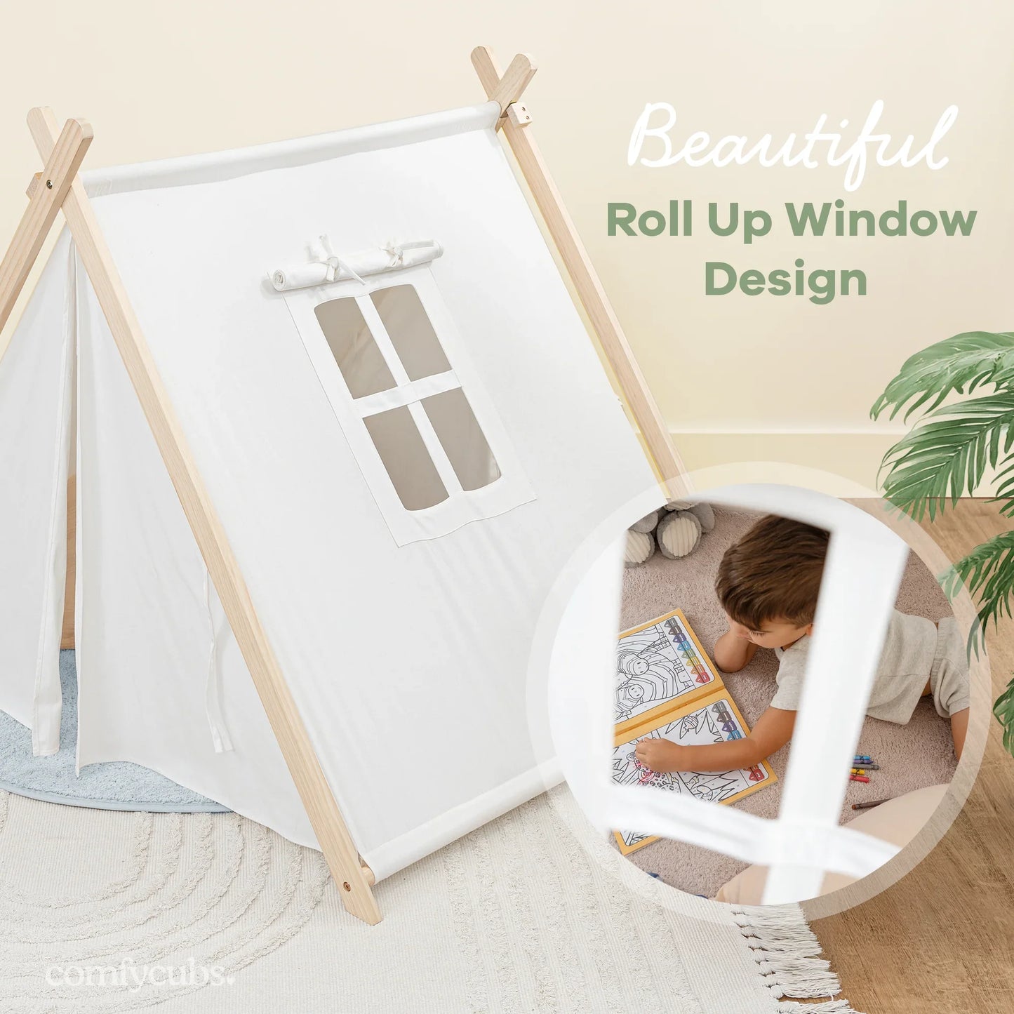 Kids indoor play tent with roll-up window, child coloring inside, Come see us at Awaken, Franklin, Tennessee