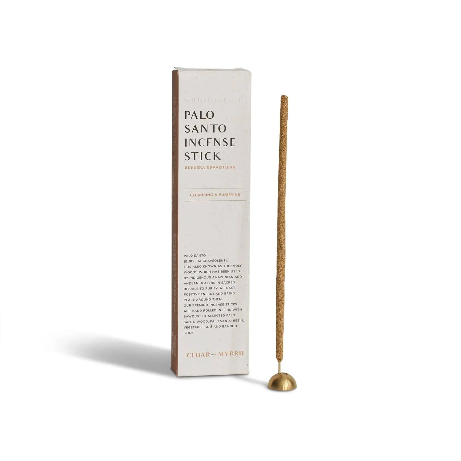 Palo Santo incense stick with brass holder and white packaging, cleansing and purifying. Come see us at Awaken, Franklin, Tennessee