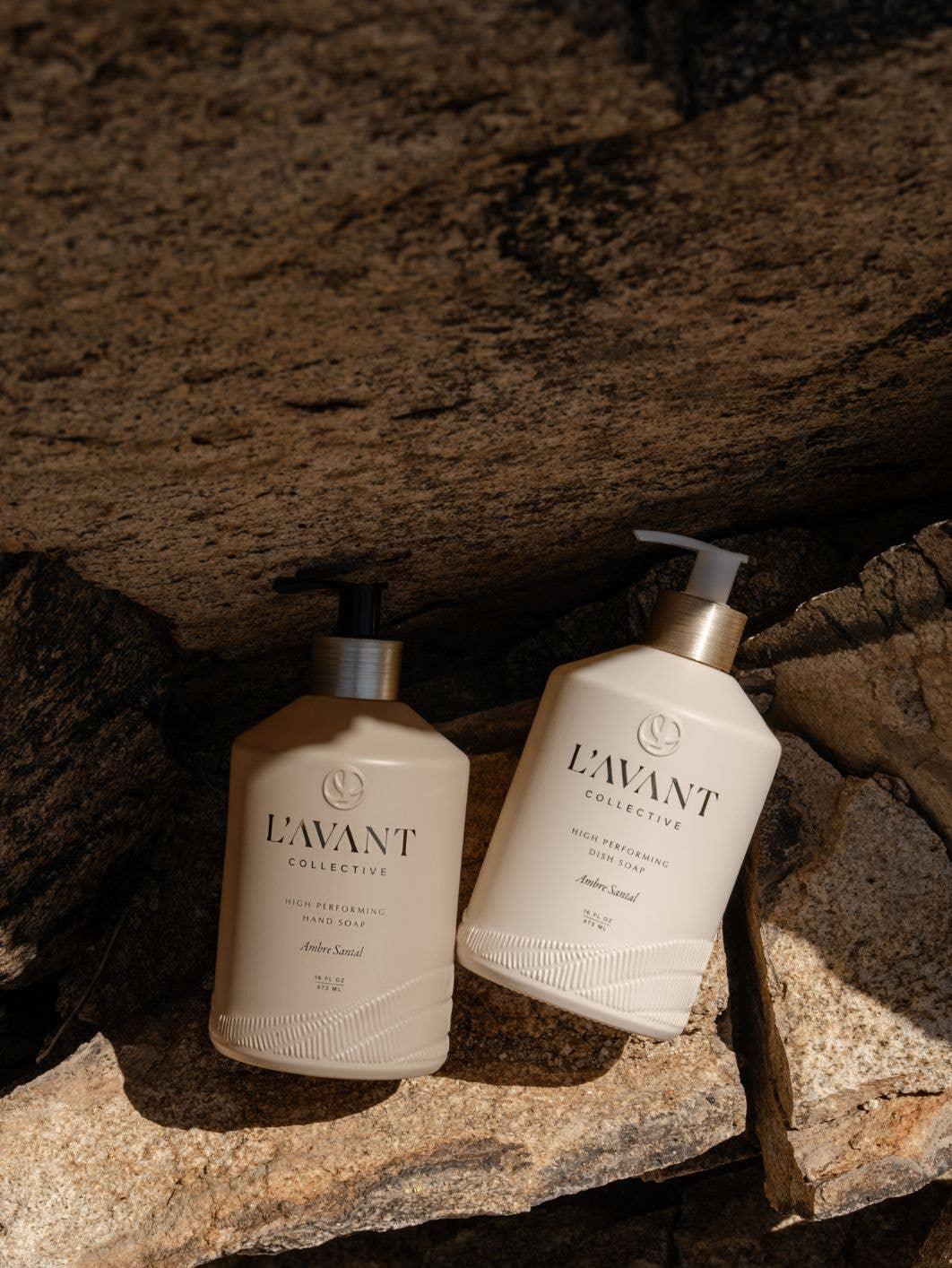 L'Avant Collective high performing hand soap and dish soap on natural stone background. Come see us at Awaken, Franklin, Tennessee