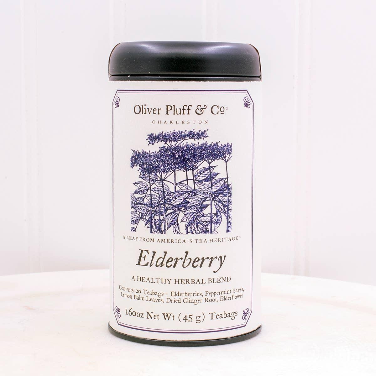 Oliver Pluff & Co Elderberry herbal tea tin with botanical illustration on white background. Come see us at Awaken, Franklin, Tennessee