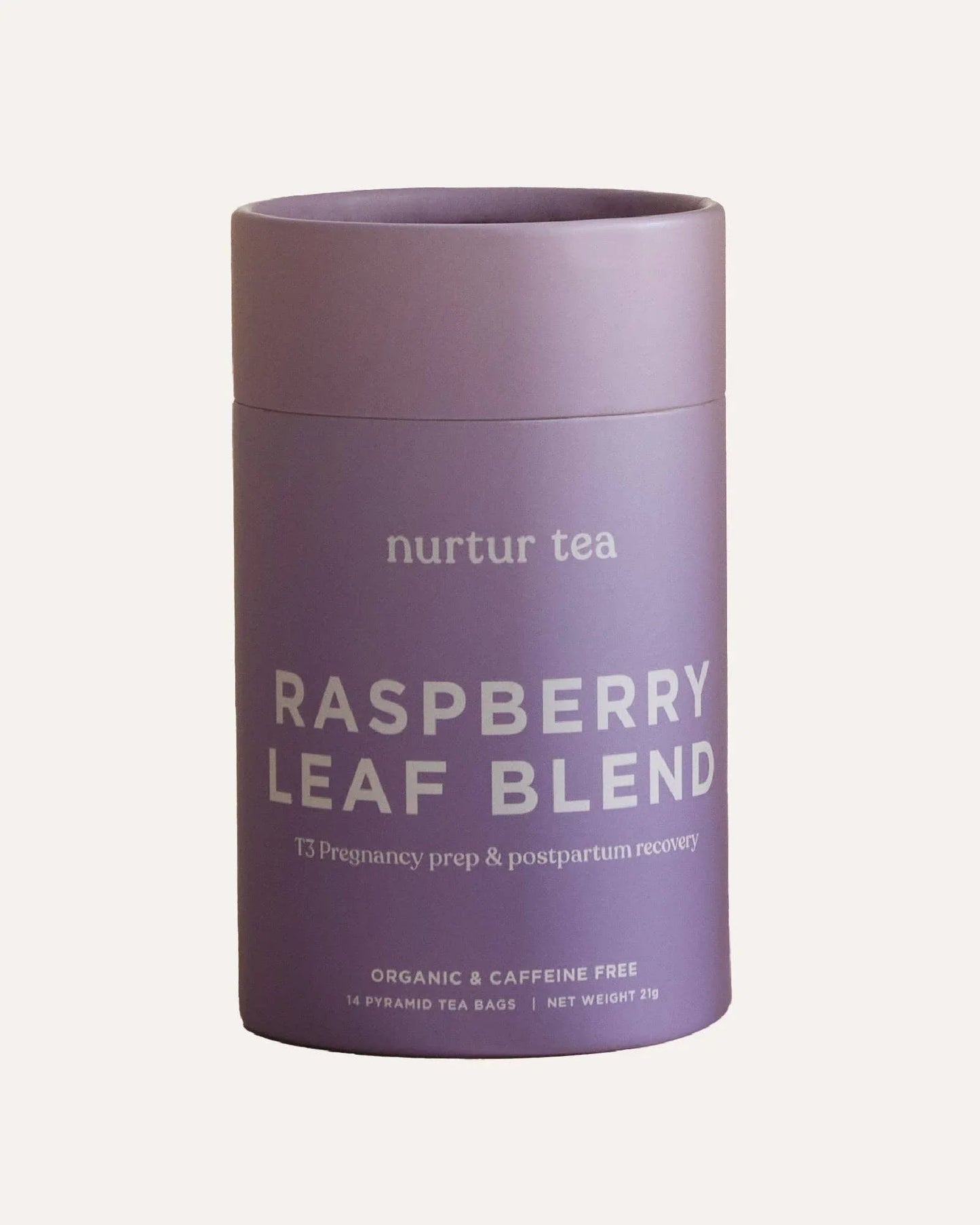 Purple container of Nurtur Tea Raspberry Leaf Blend, organic caffeine-free for pregnancy prep. Come see us at Awaken, Franklin, Tennessee