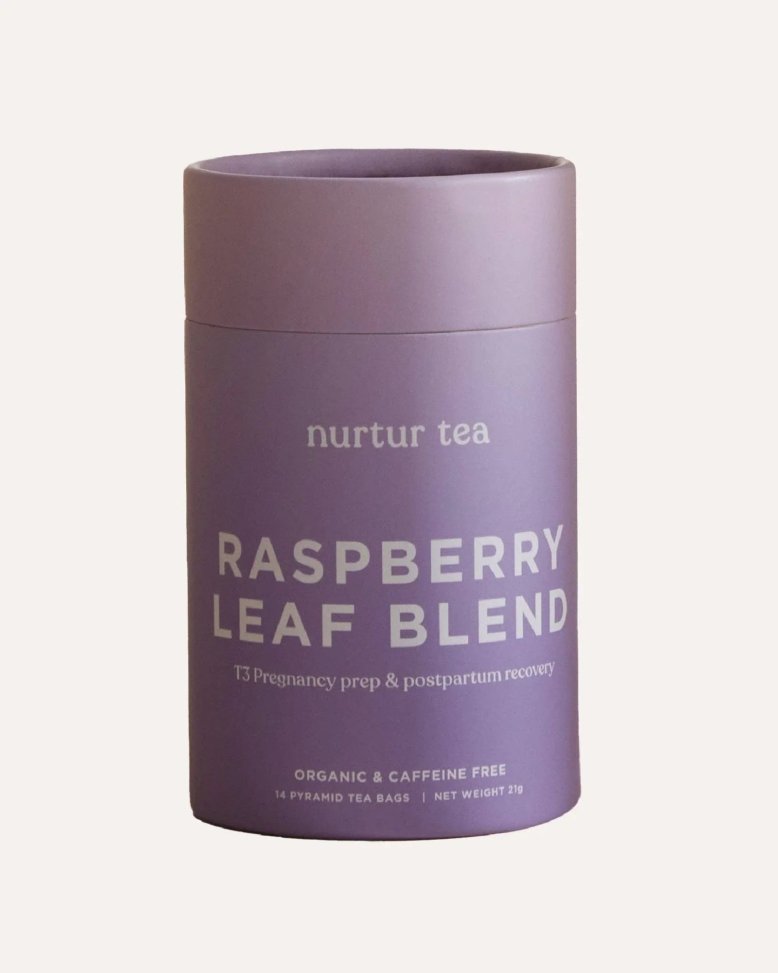 Purple container of Nurtur Tea Raspberry Leaf Blend, organic caffeine-free for pregnancy prep. Come see us at Awaken, Franklin, Tennessee