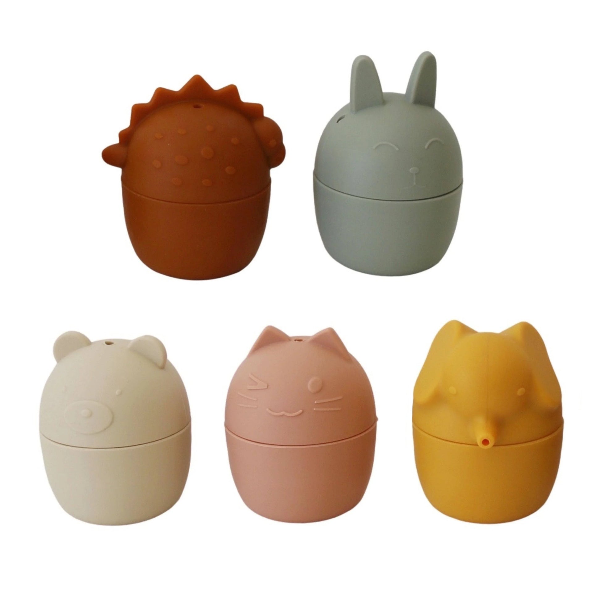 Five colorful animal-shaped containers in brown, gray, cream, pink, and yellow on white background. Come see us at Awaken, Franklin, Tennessee