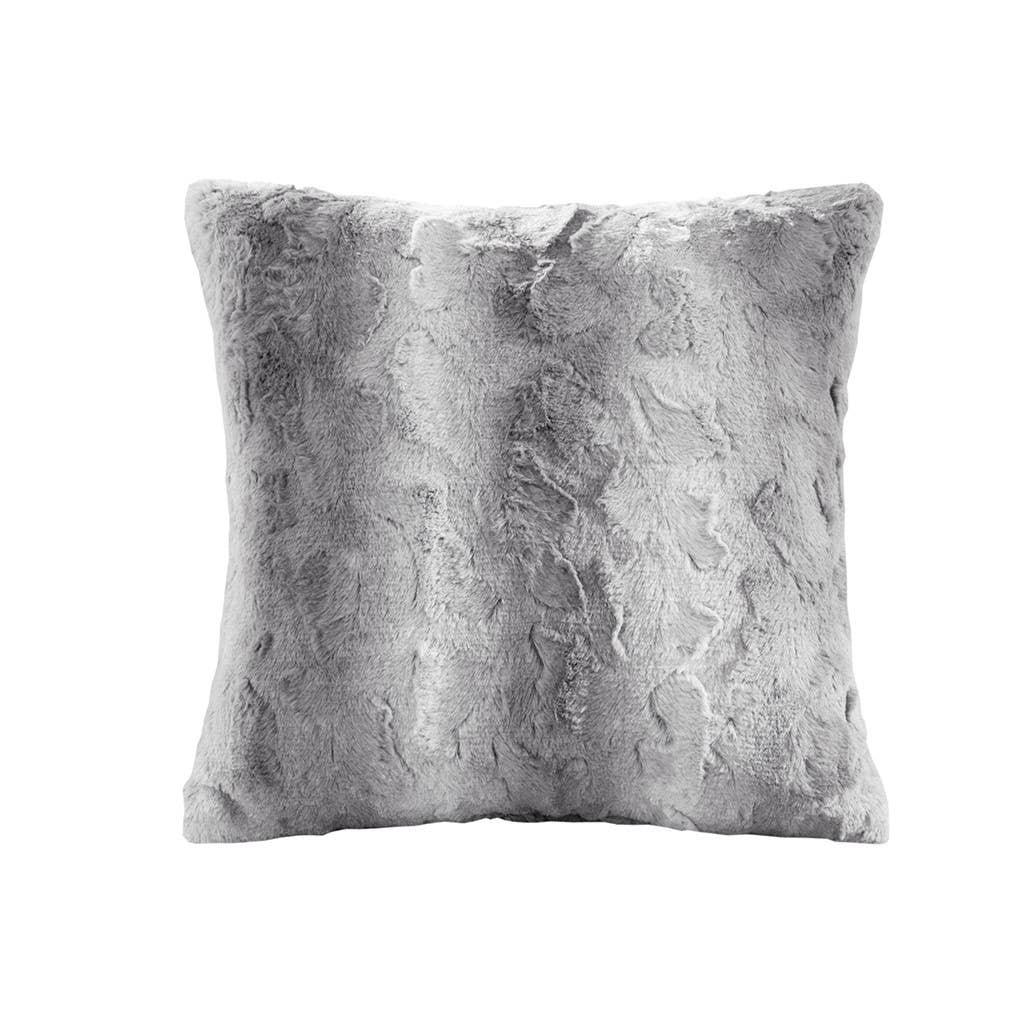 Soft gray faux fur square throw pillow with textured pattern, luxury home decor. Come see us at Awaken, Franklin, Tennessee