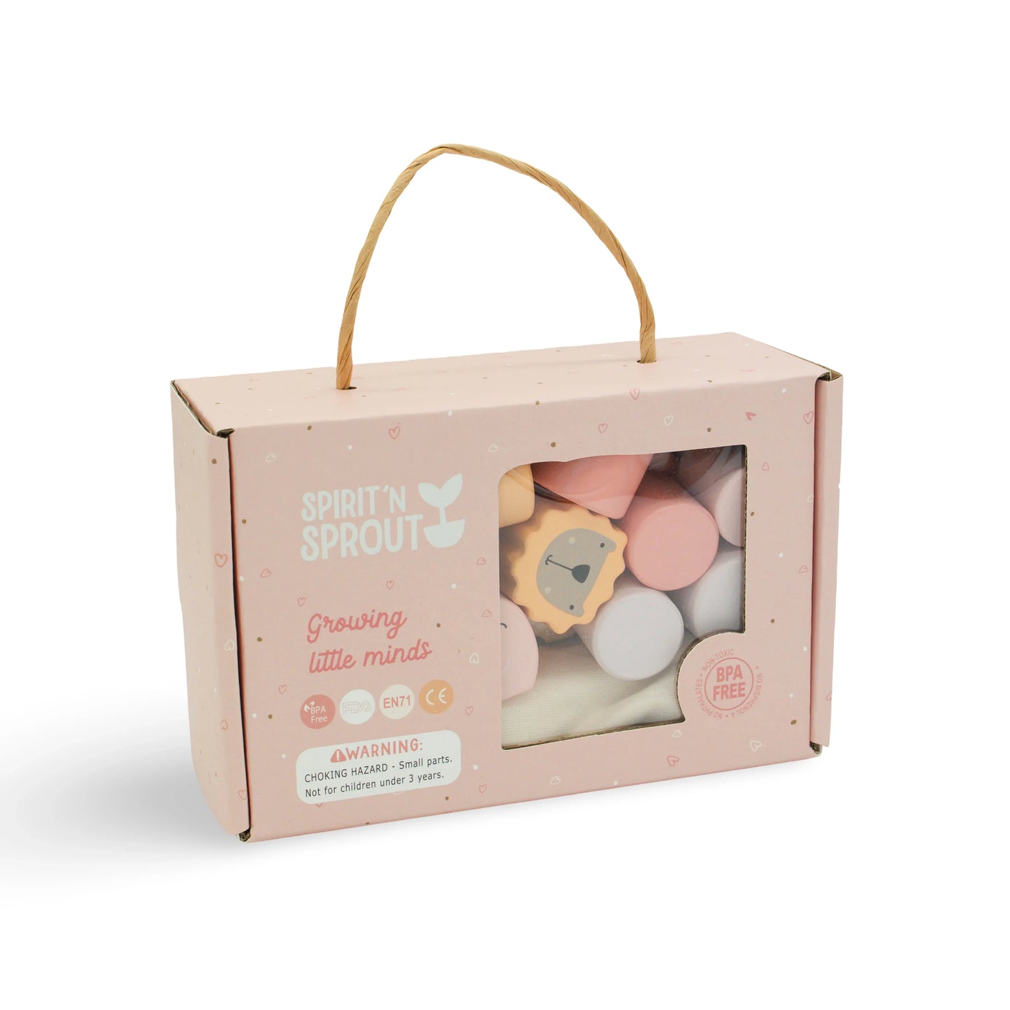 Spirit'N Sprout pink toy packaging with wooden animal shapes inside, BPA free, for kids. Come see us at Awaken, Franklin, Tennessee