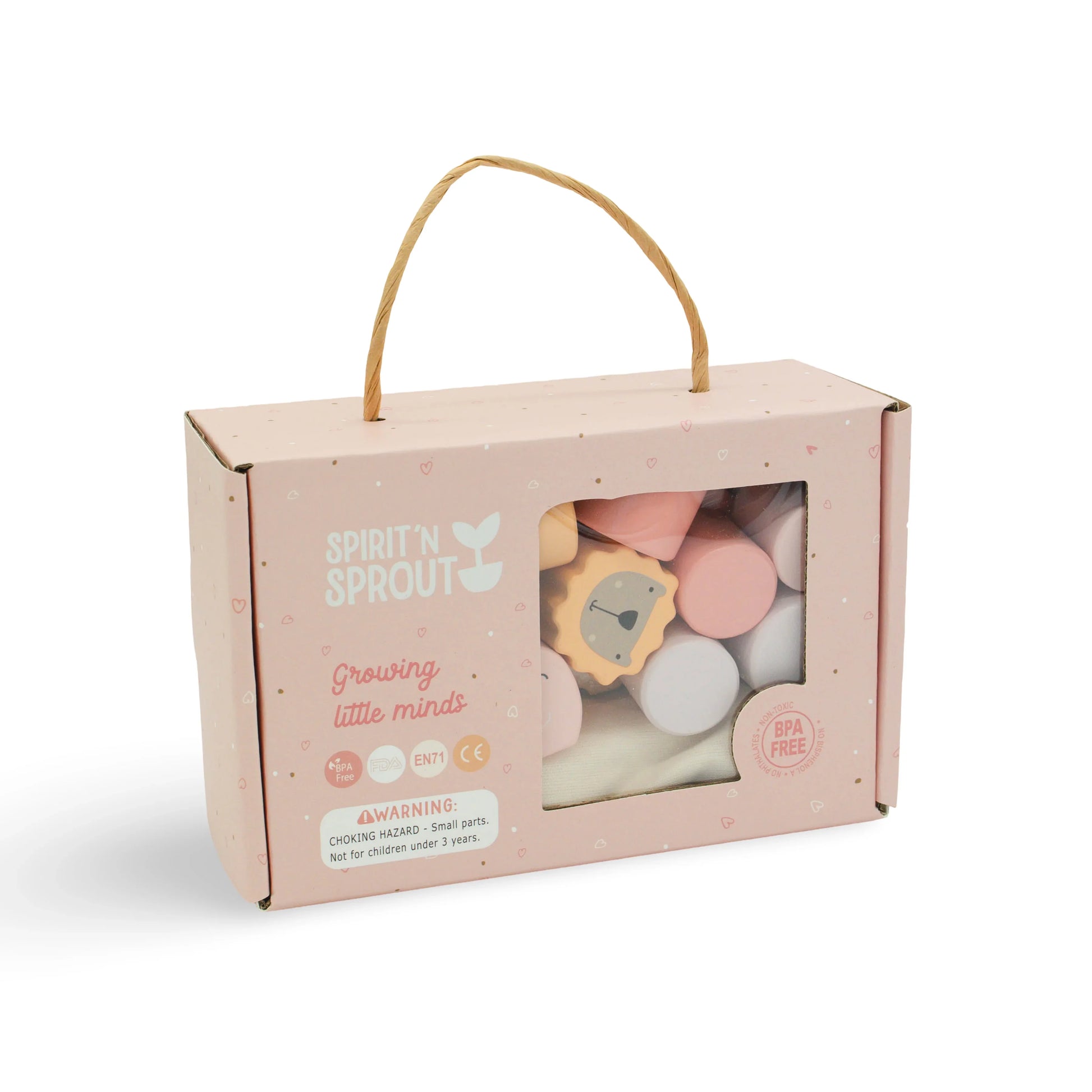 Spirit'N Sprout pink toy packaging with wooden animal shapes inside, BPA free, for kids. Come see us at Awaken, Franklin, Tennessee