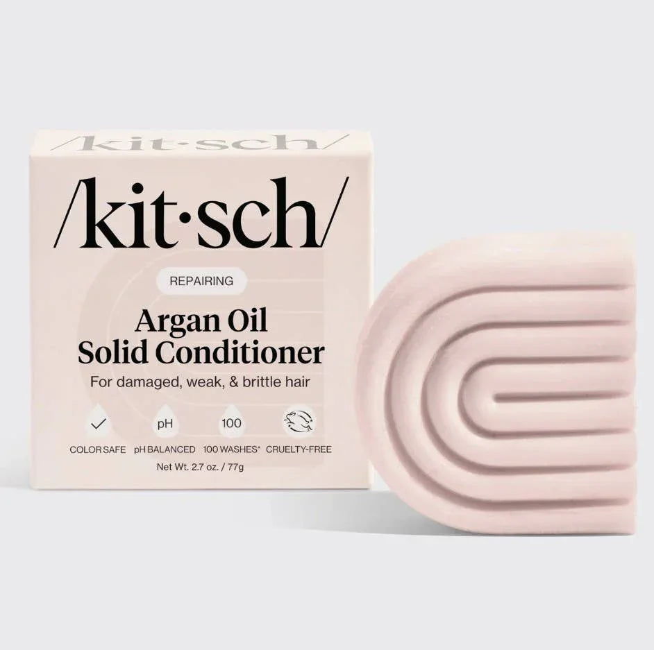 Kitsch Argan Oil Solid Conditioner bar and box for damaged hair, color safe, cruelty-free. Come see us at Awaken, Franklin, Tennessee