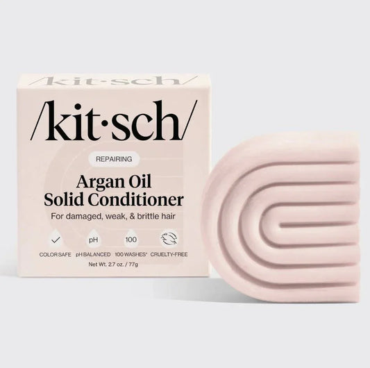 Kitsch Argan Oil Solid Conditioner bar and box for damaged hair, color safe, cruelty-free. Come see us at Awaken, Franklin, Tennessee
