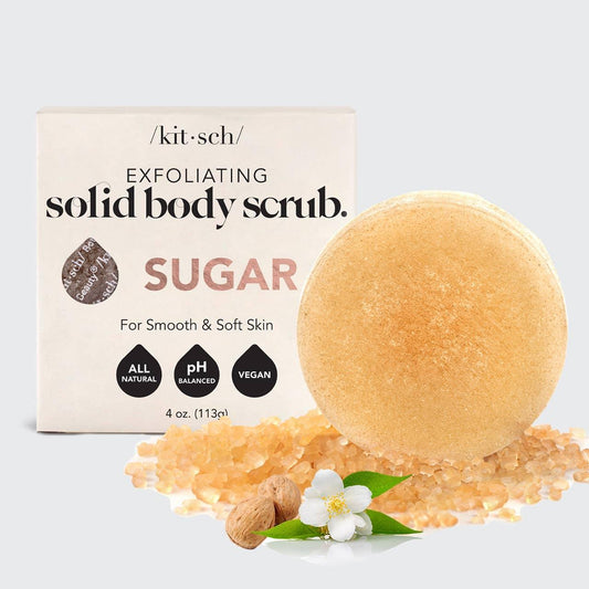 Kitsch sugar exfoliating solid body scrub with packaging and ingredients. Come see us at Awaken, Franklin, Tennessee