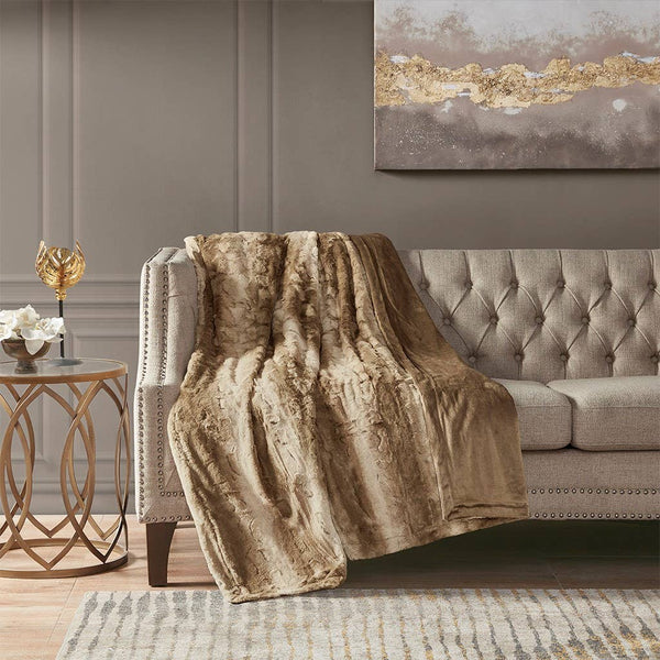 Olliix - Oversized 60x70" Faux Fur Throw Blanket, Light Brown
