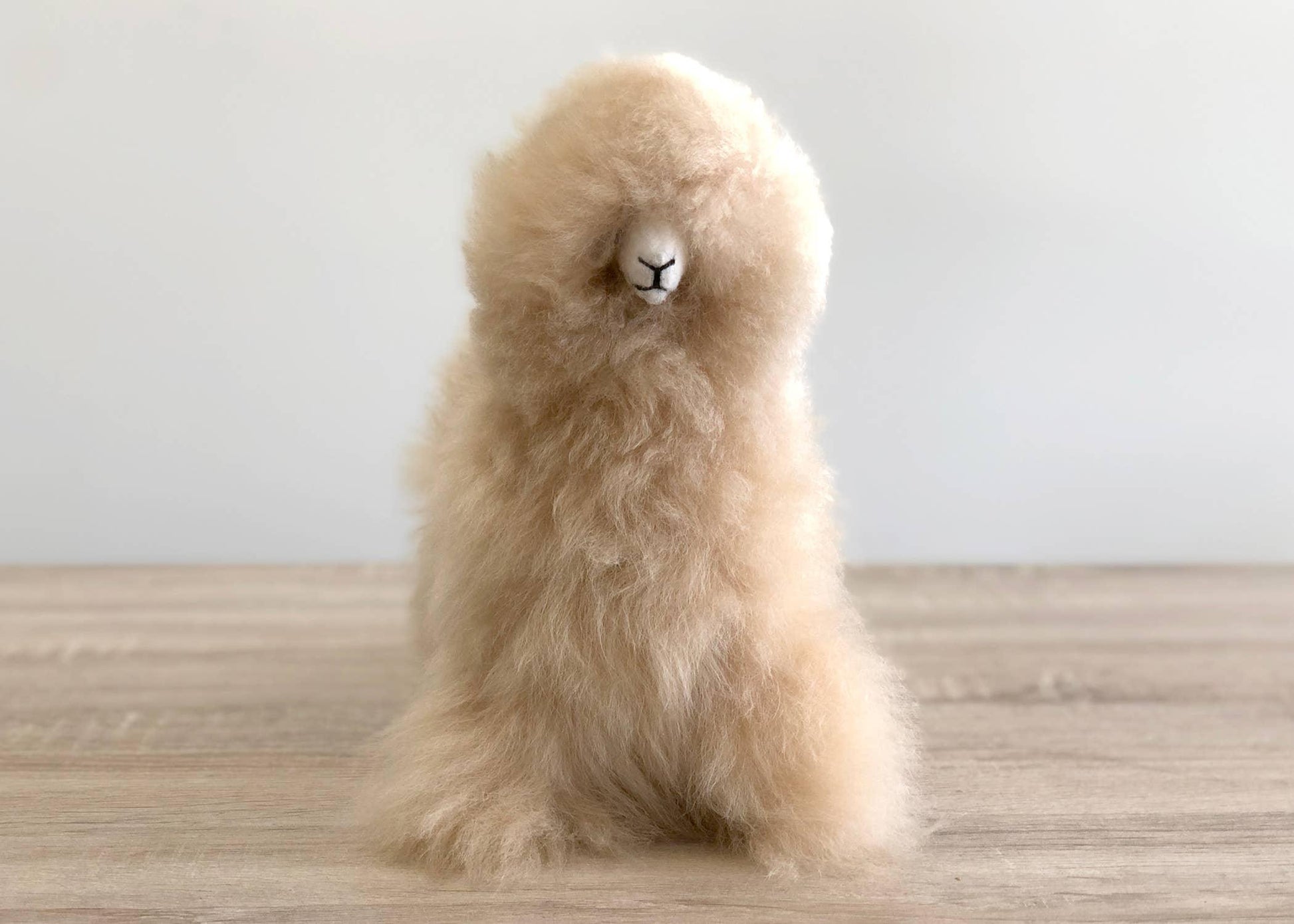 Soft beige fluffy alpaca plush toy on wooden table with white background. Come see us at Awaken, Franklin, Tennessee