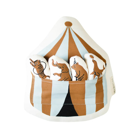 Circus tent pouch with plush tiger, elephant, bear, seal toys; Come see us at Awaken, Franklin, Tennessee